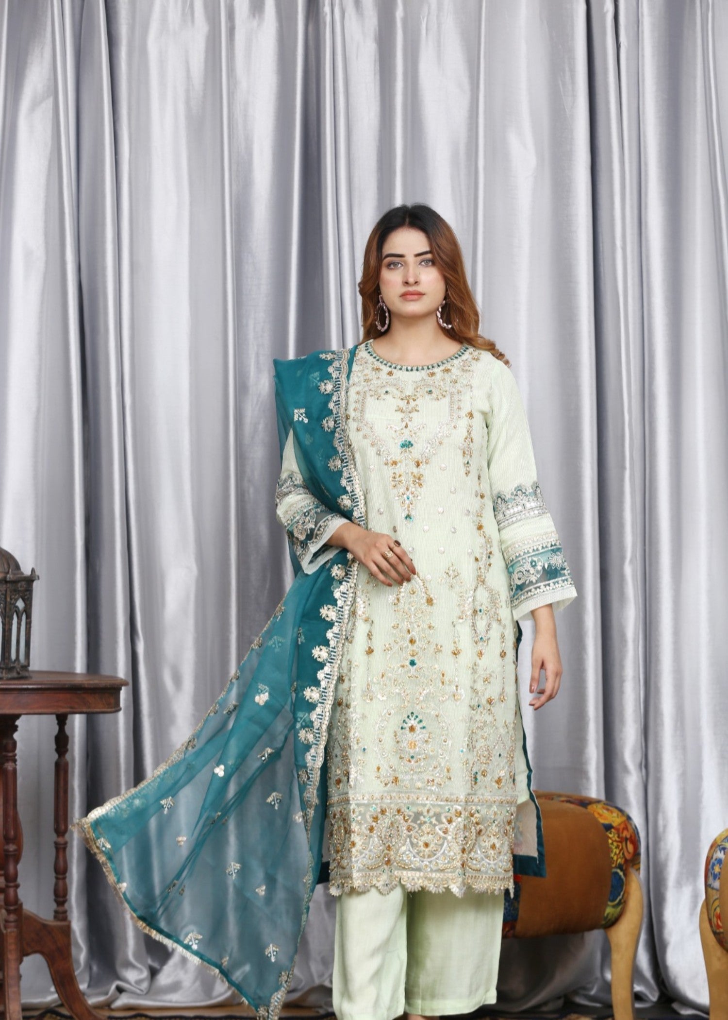 organza Kurta Set in Moss green