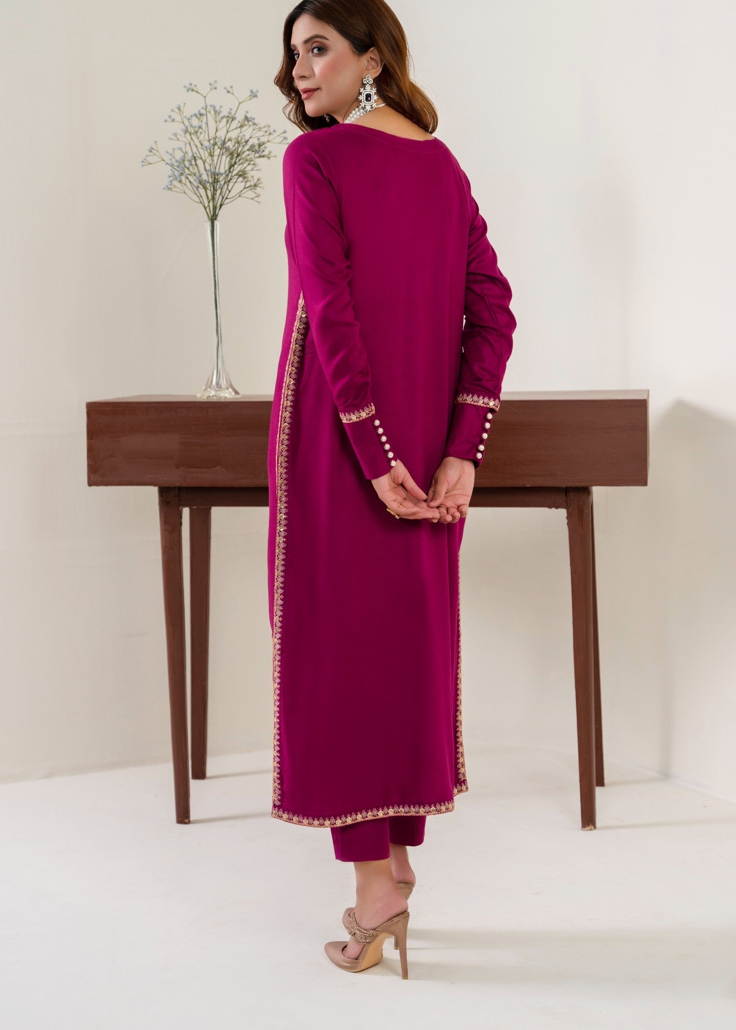 twill khaddar Kurta Set in Plum