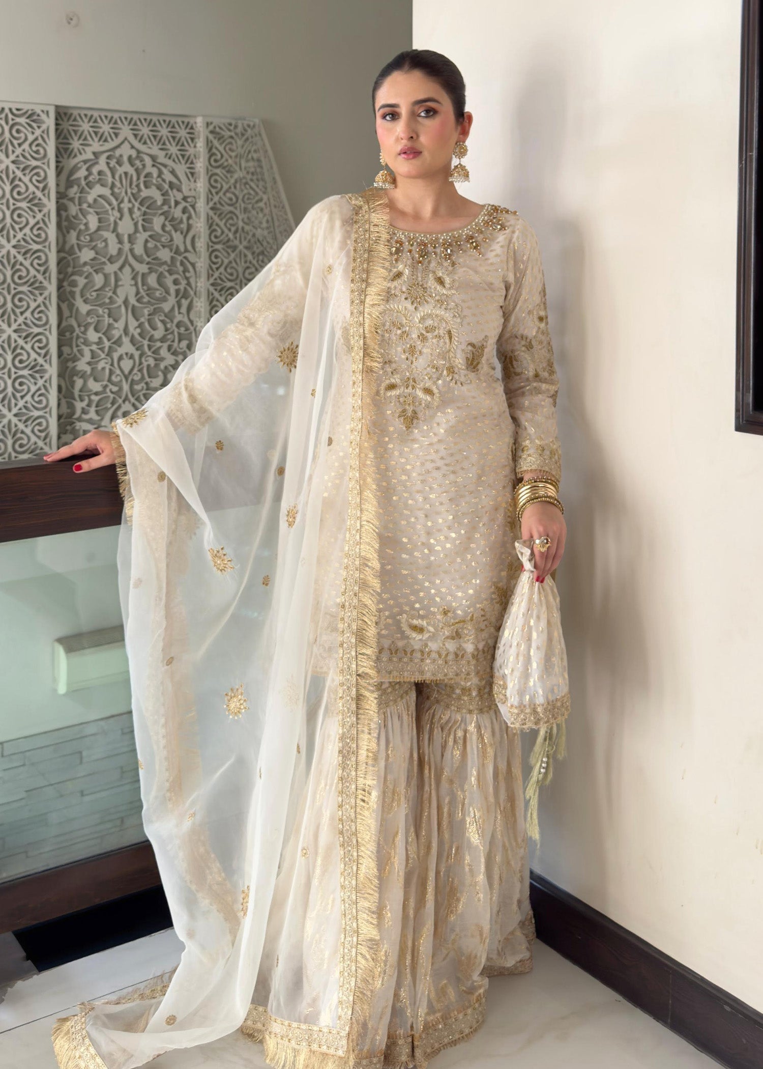 zari organza Gharara in White