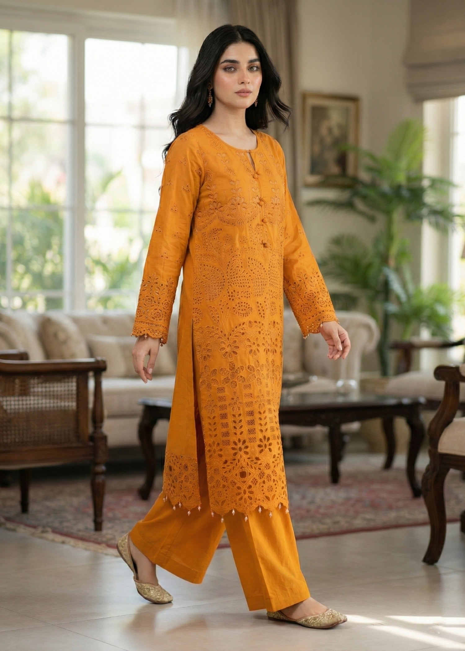chikankari cotton Kurta Set in Mustard