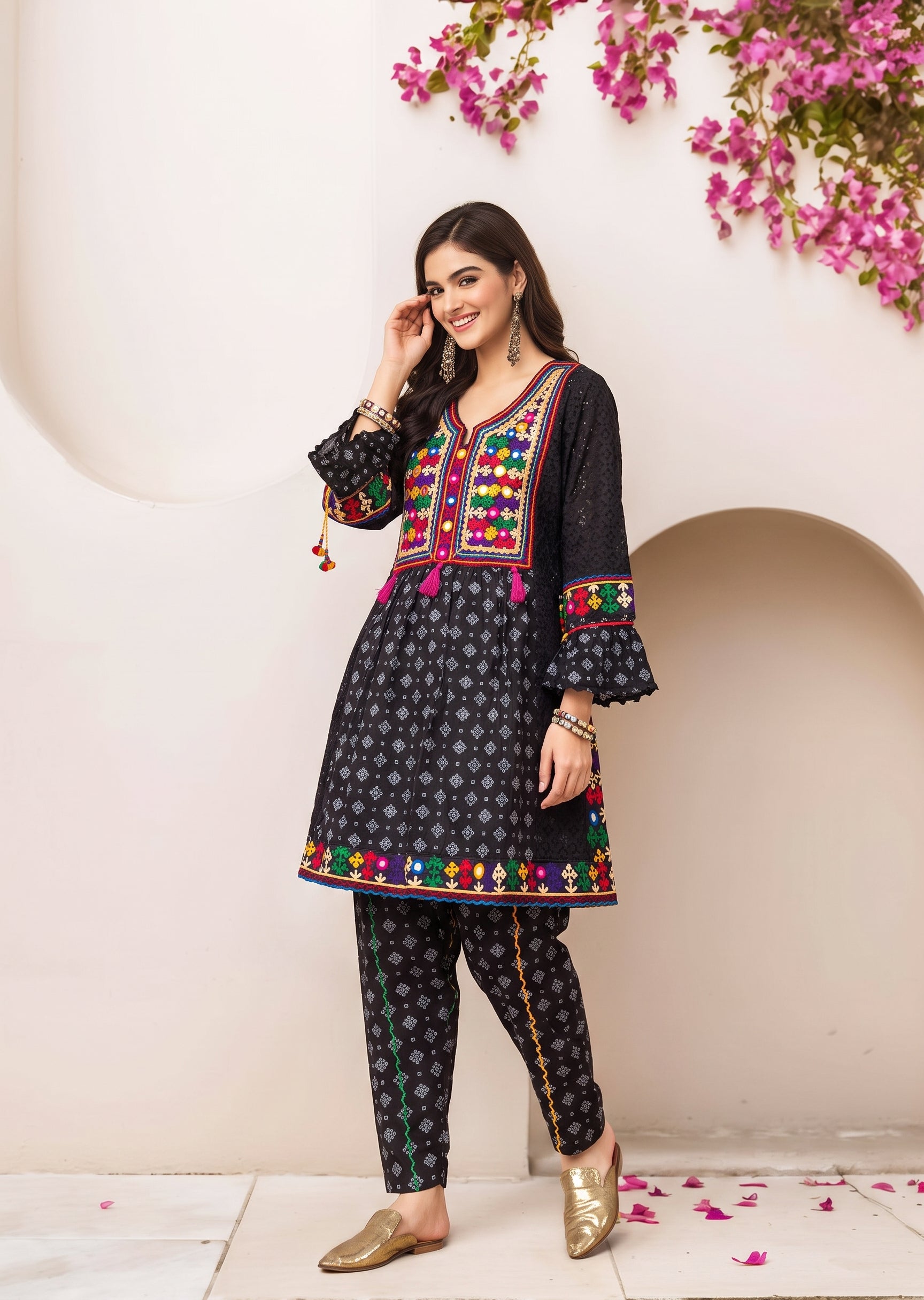 lawn cotton Short Frock in Black
