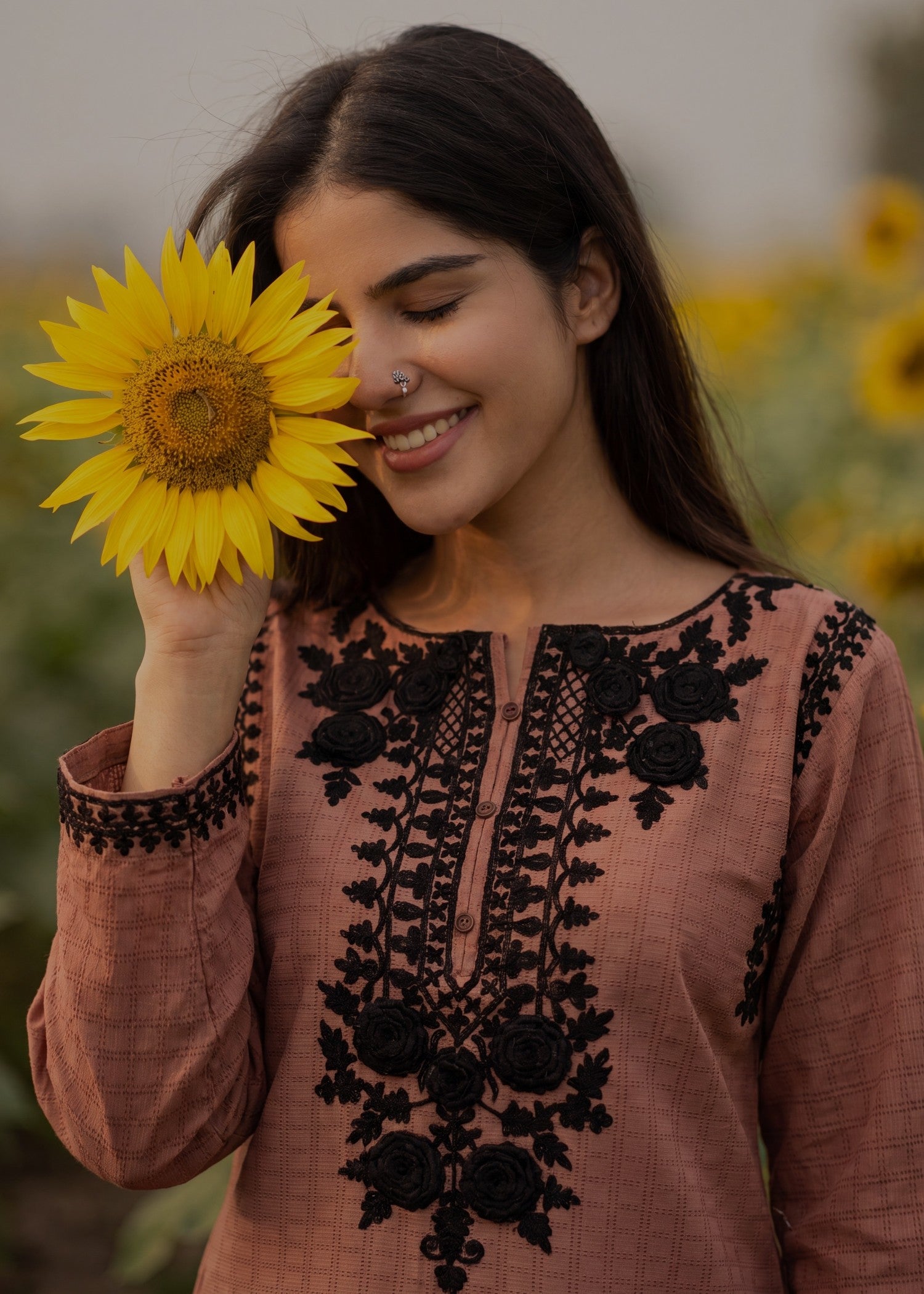 textured lawn Kurta Set in Black, pecan brown