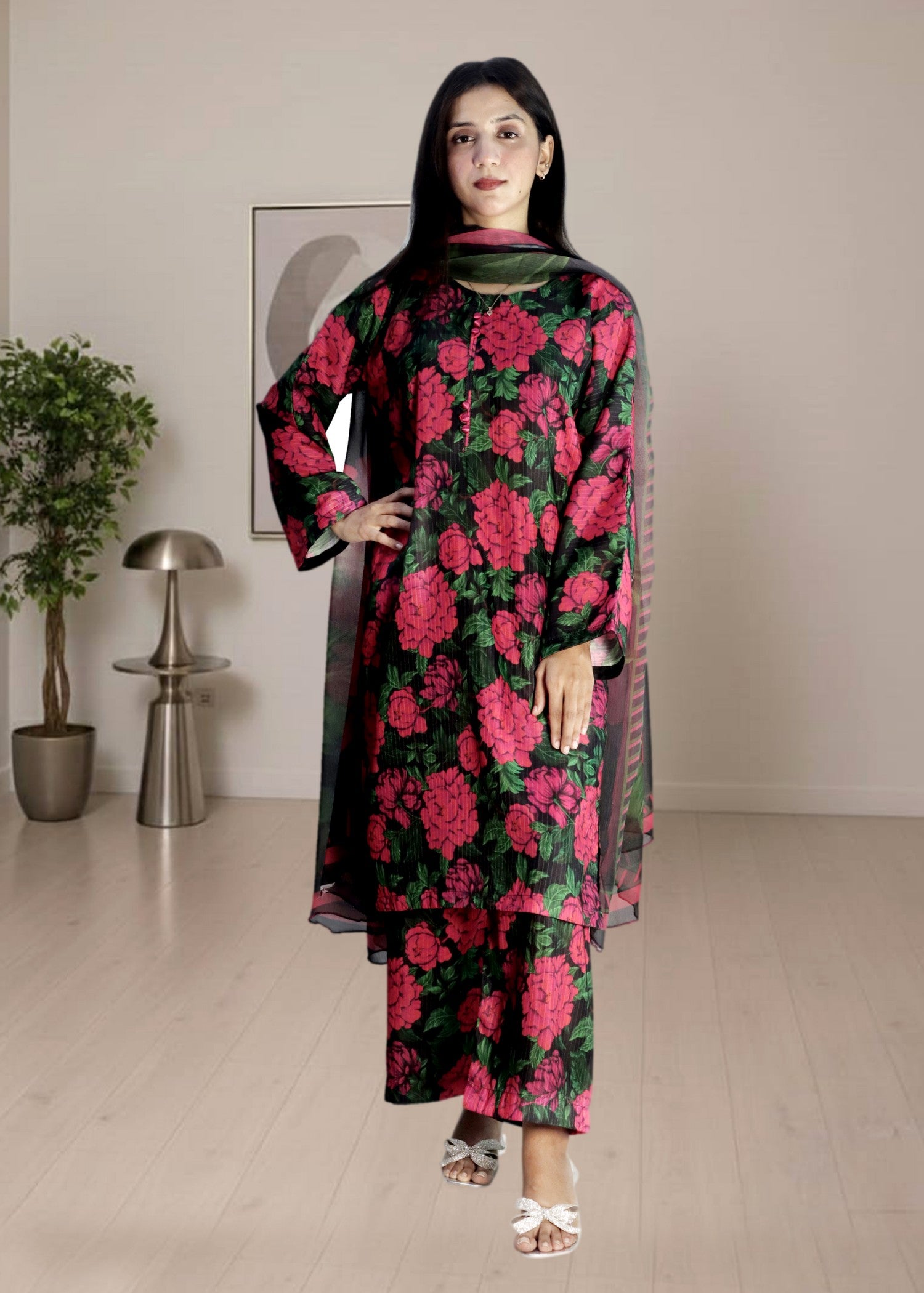 slub khaddar Kurta Set in Multi