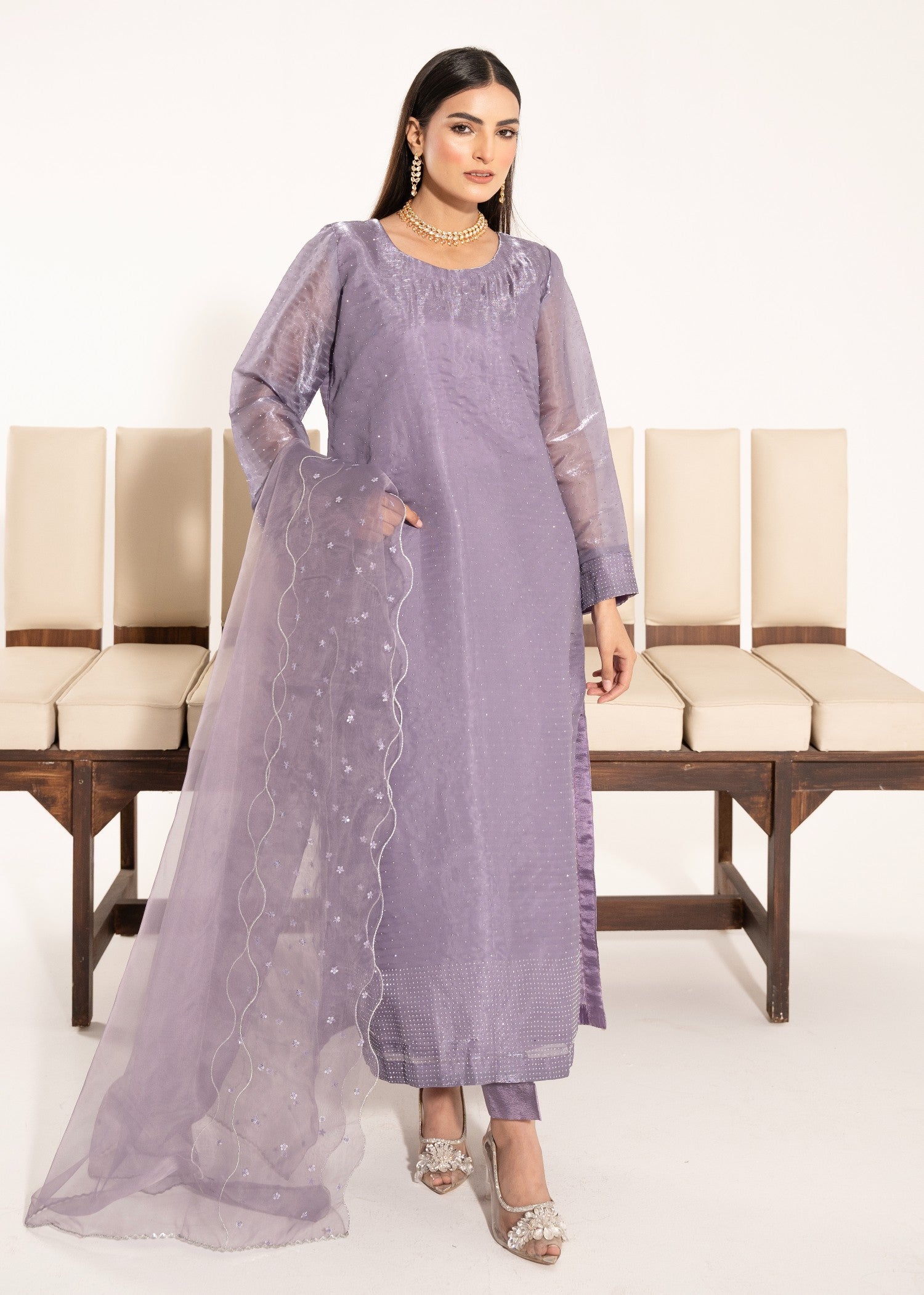 silk tissue Kurta Set in Lavender
