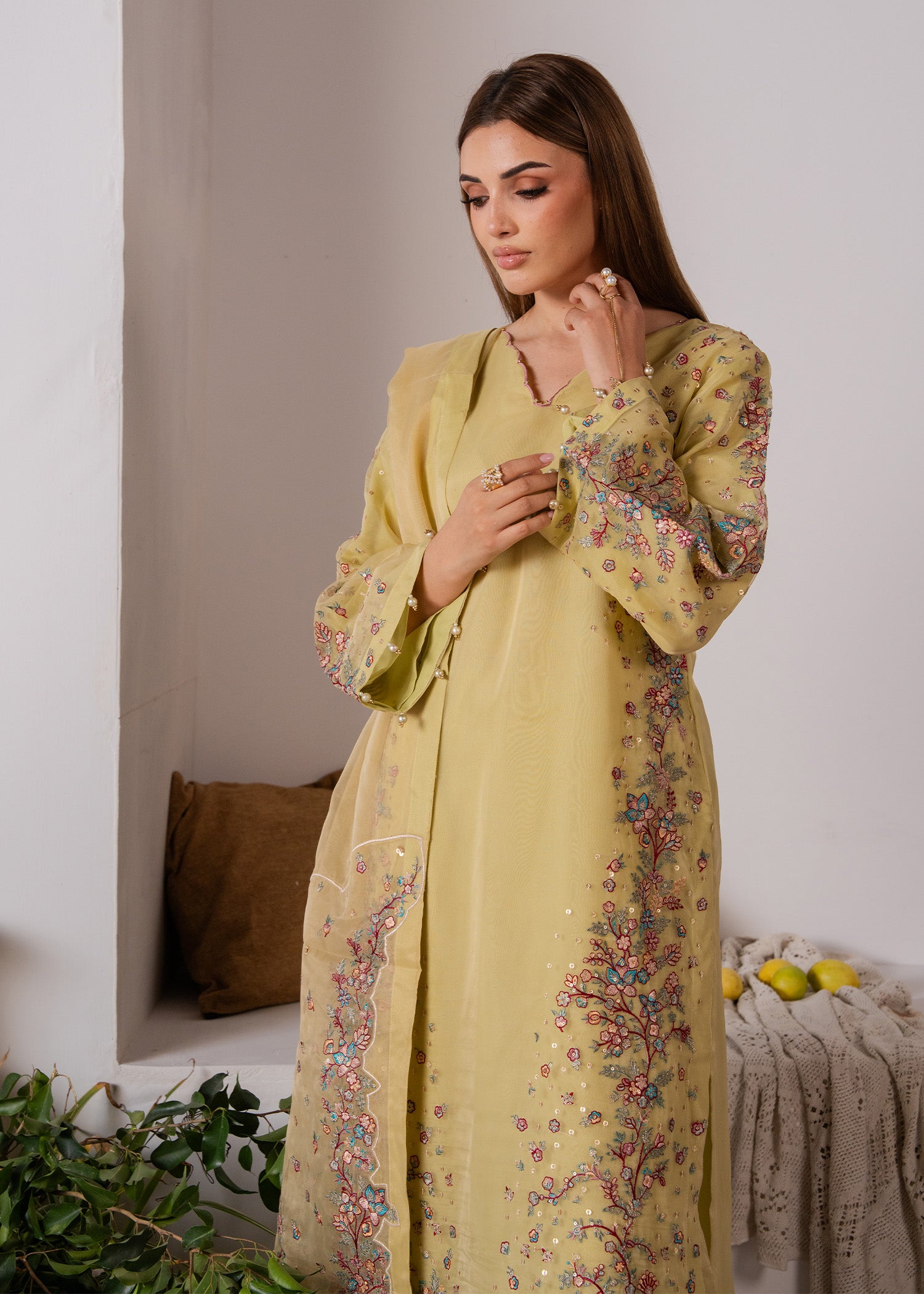 organza Kurta Set in Yellow green