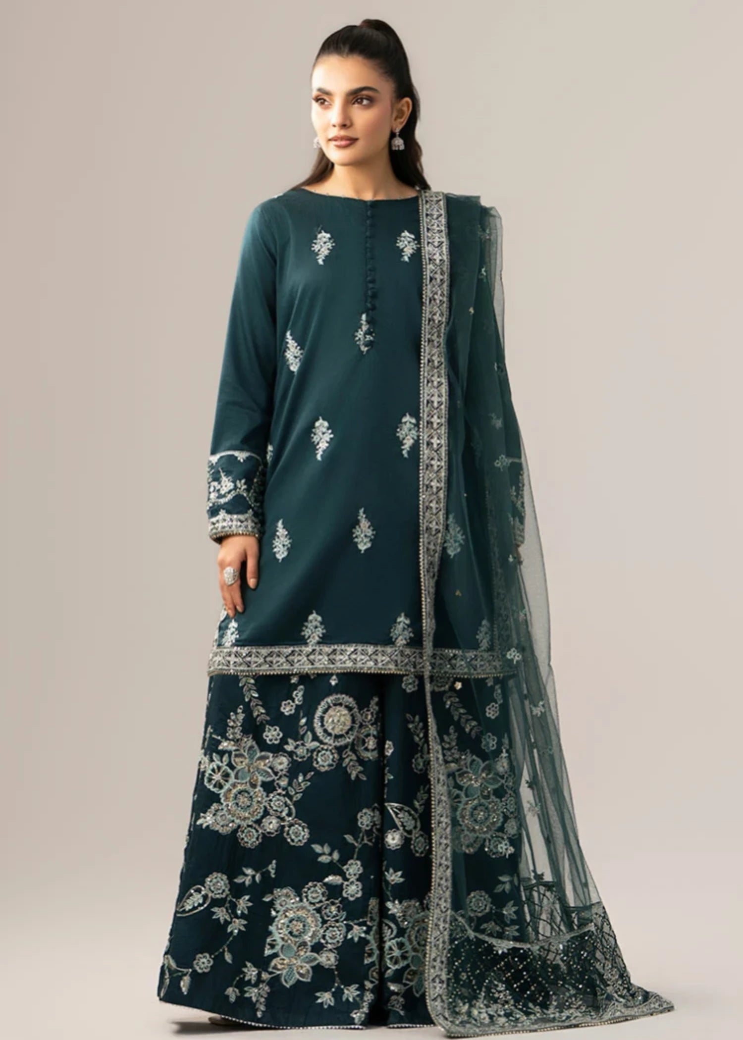 cotton satin Sharara in Bottle green