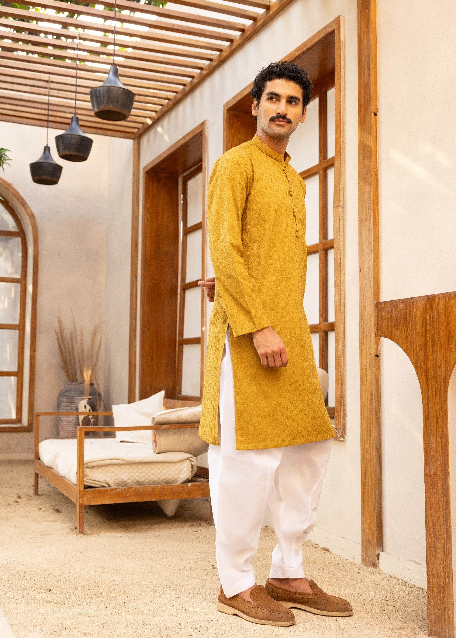 schiffli Kurta in Mustard