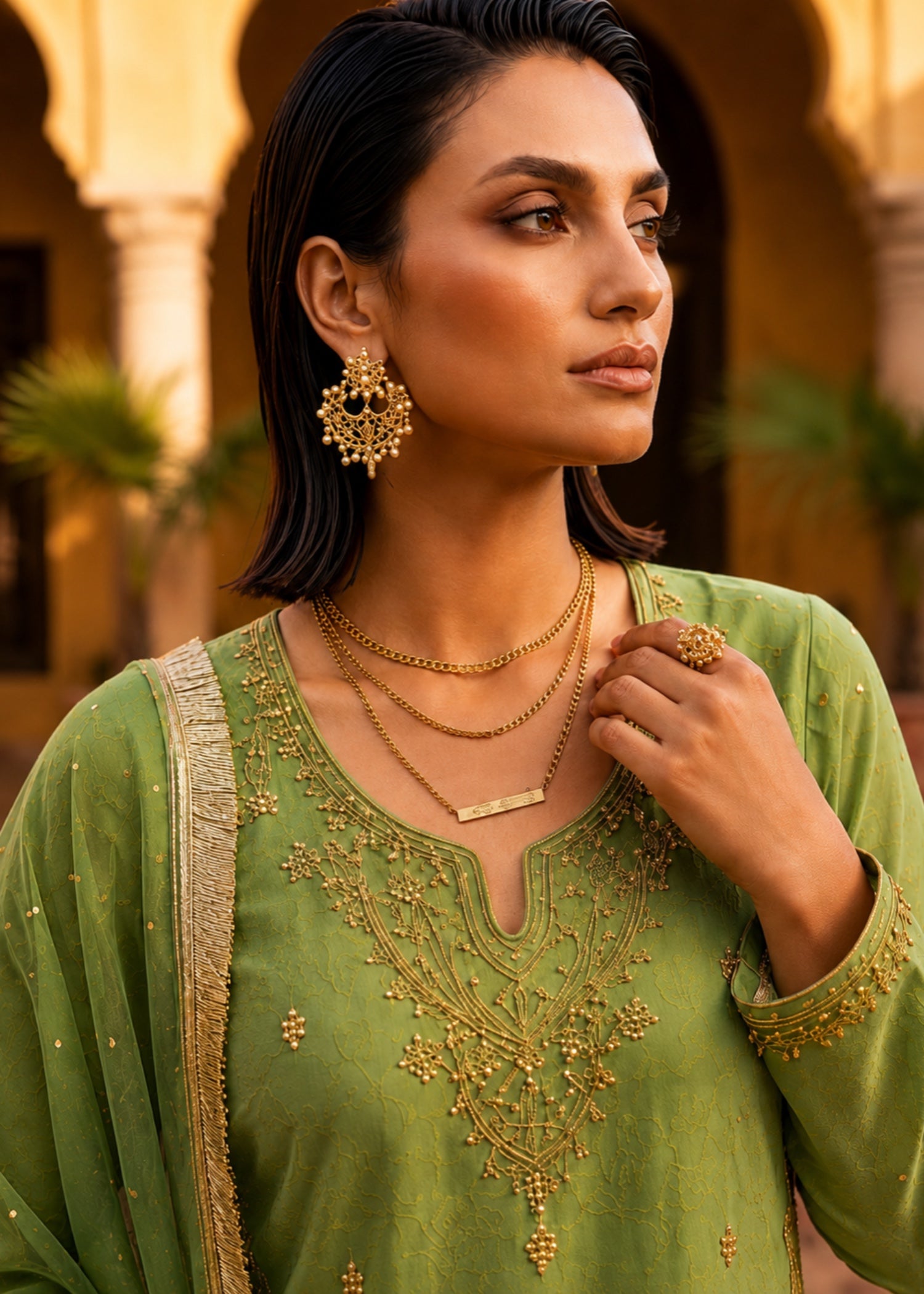 tissue Kurta Set in Pistachio green