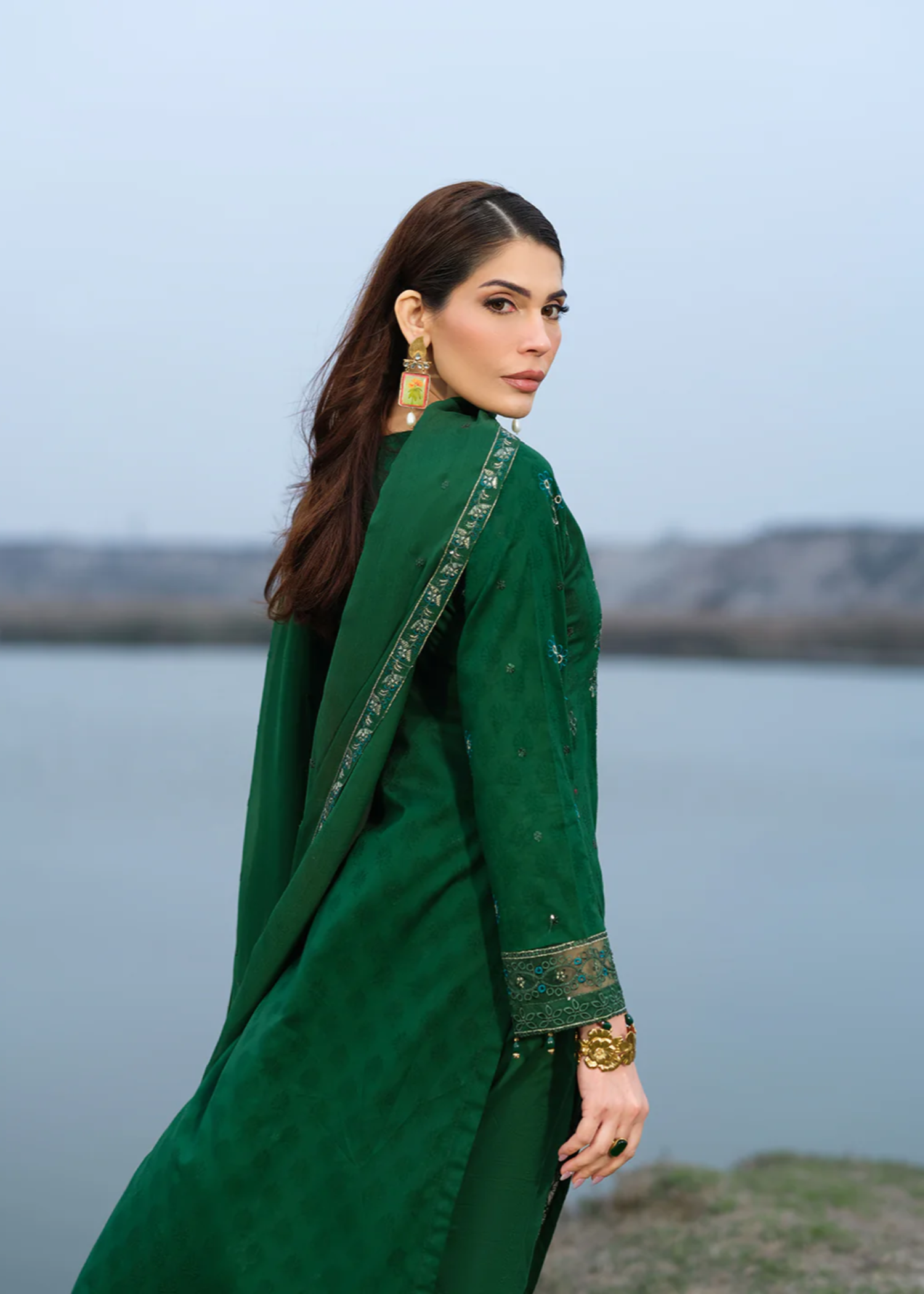 jacquard Kurta Set in Green