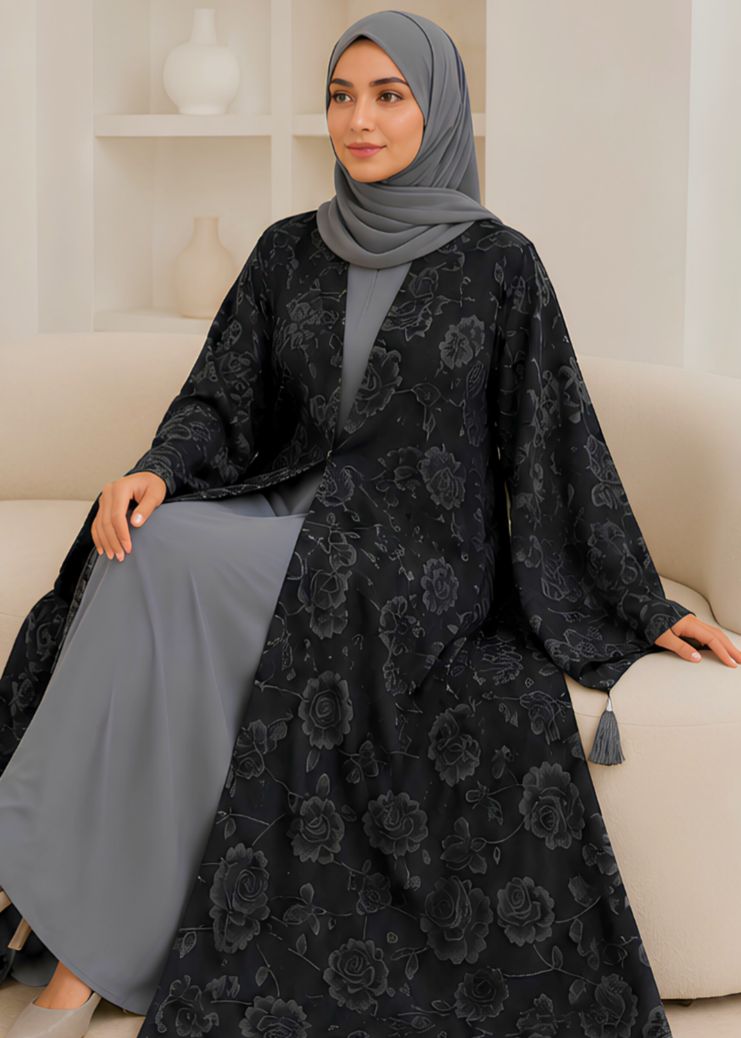 nidha Abaya in Jet black, grey, cool grey