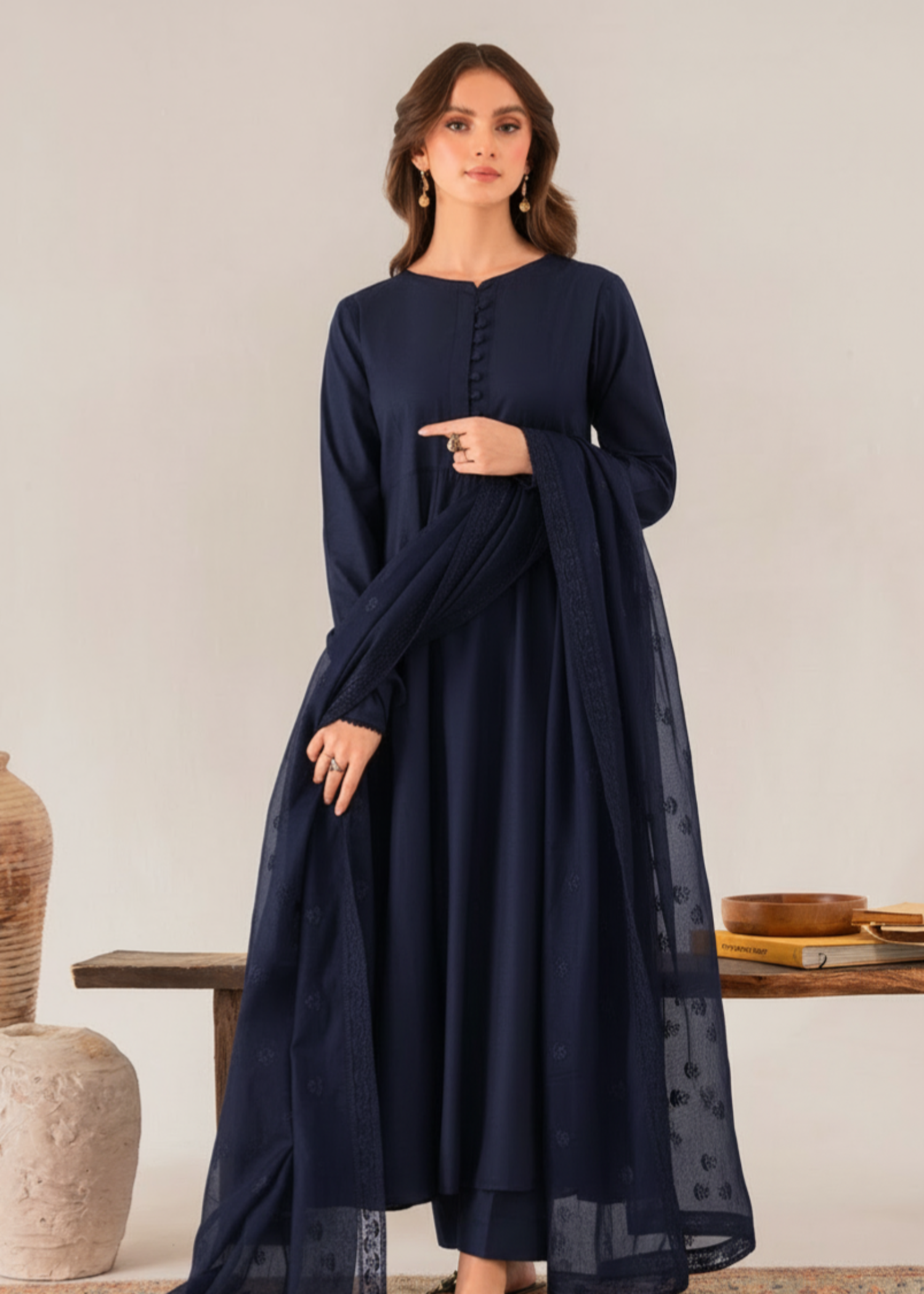 chambray Pishwas in Navy blue
