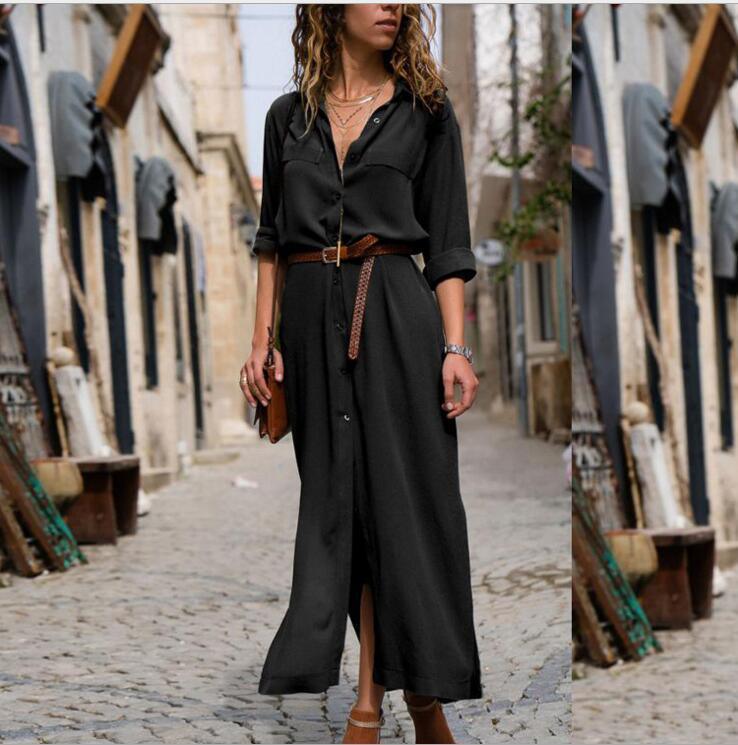 Women's Split Long Dress Skirt - Solid Color, Long Sleeves for Elegant Look