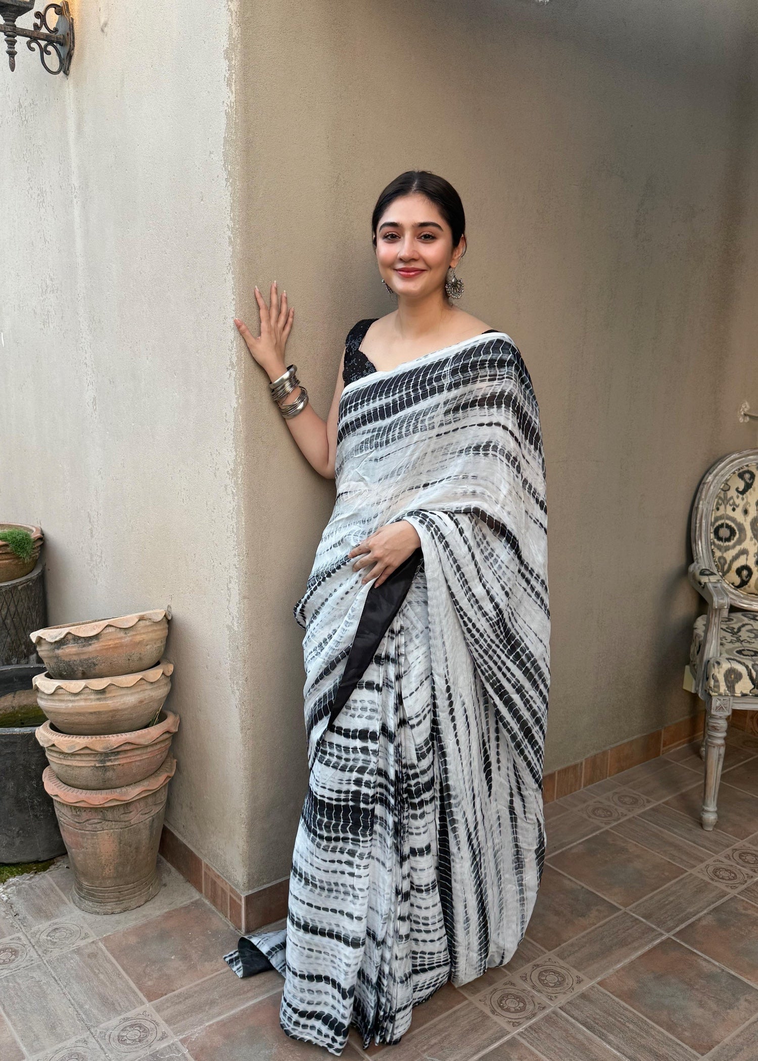 net Saree in White, black