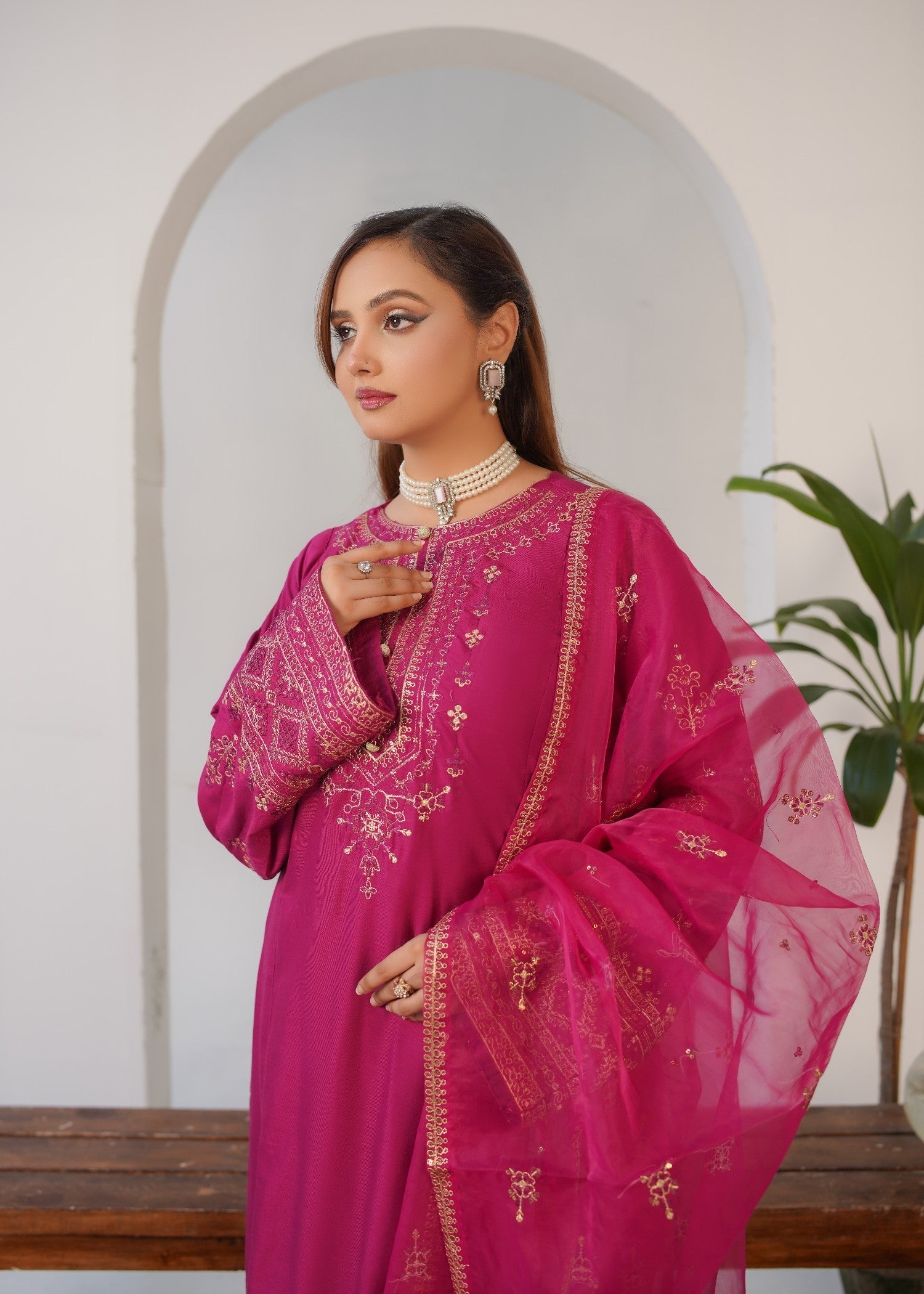 linen Kurta Set in Deep pink