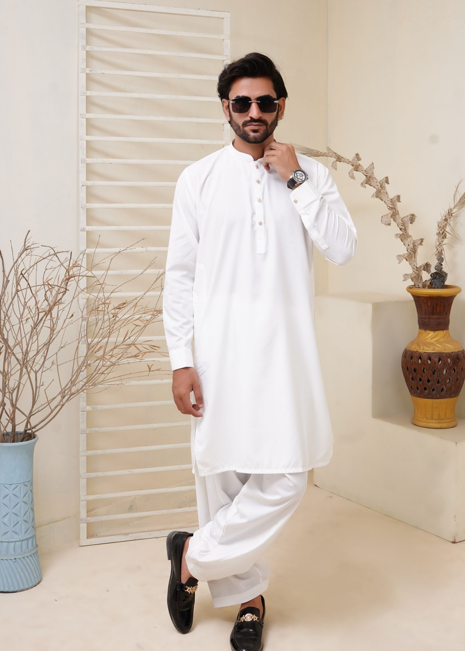 wash & wear Shalwar Kameez in White by Hassan Jee Men