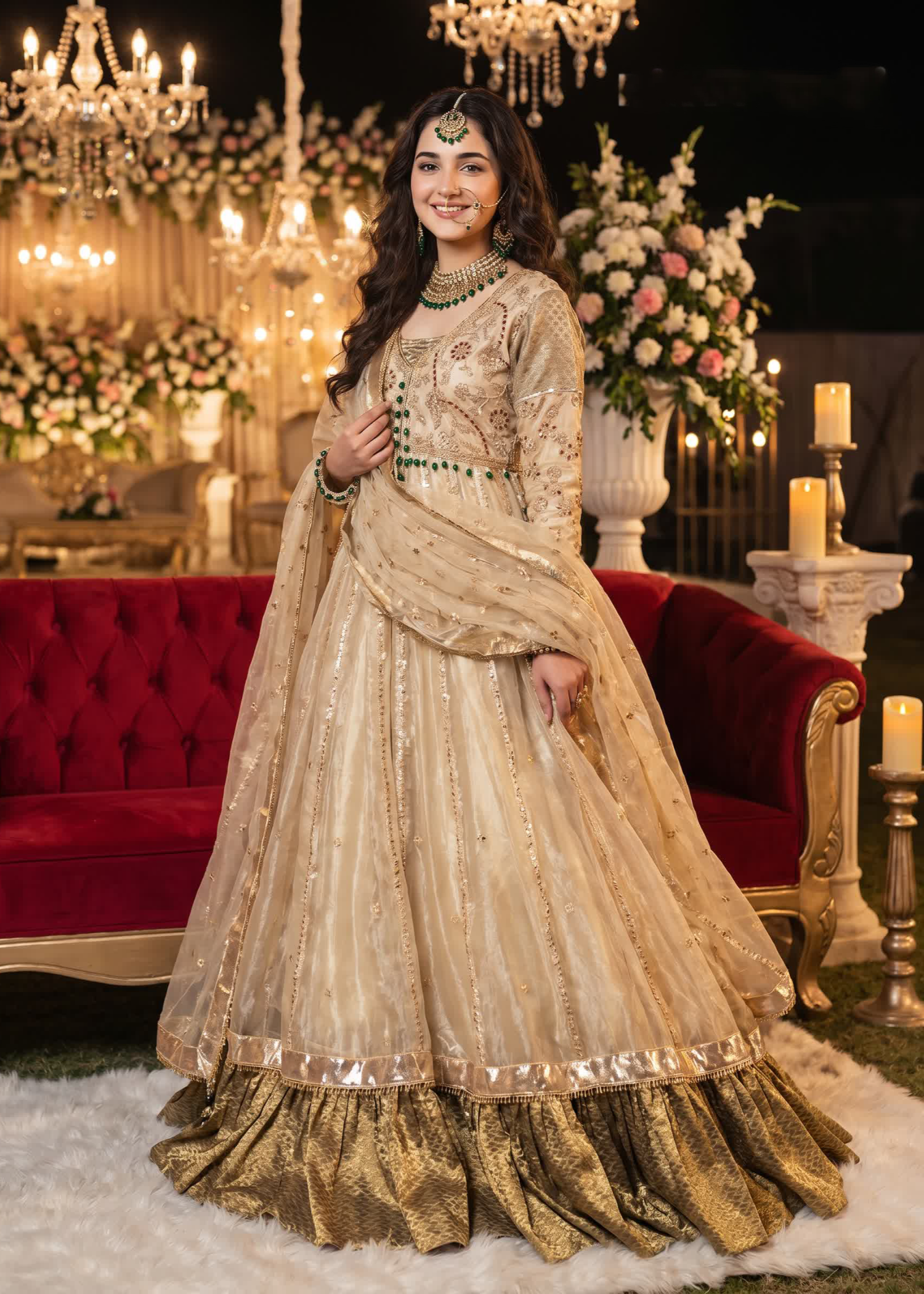 organza Pishwas in Gold, army green