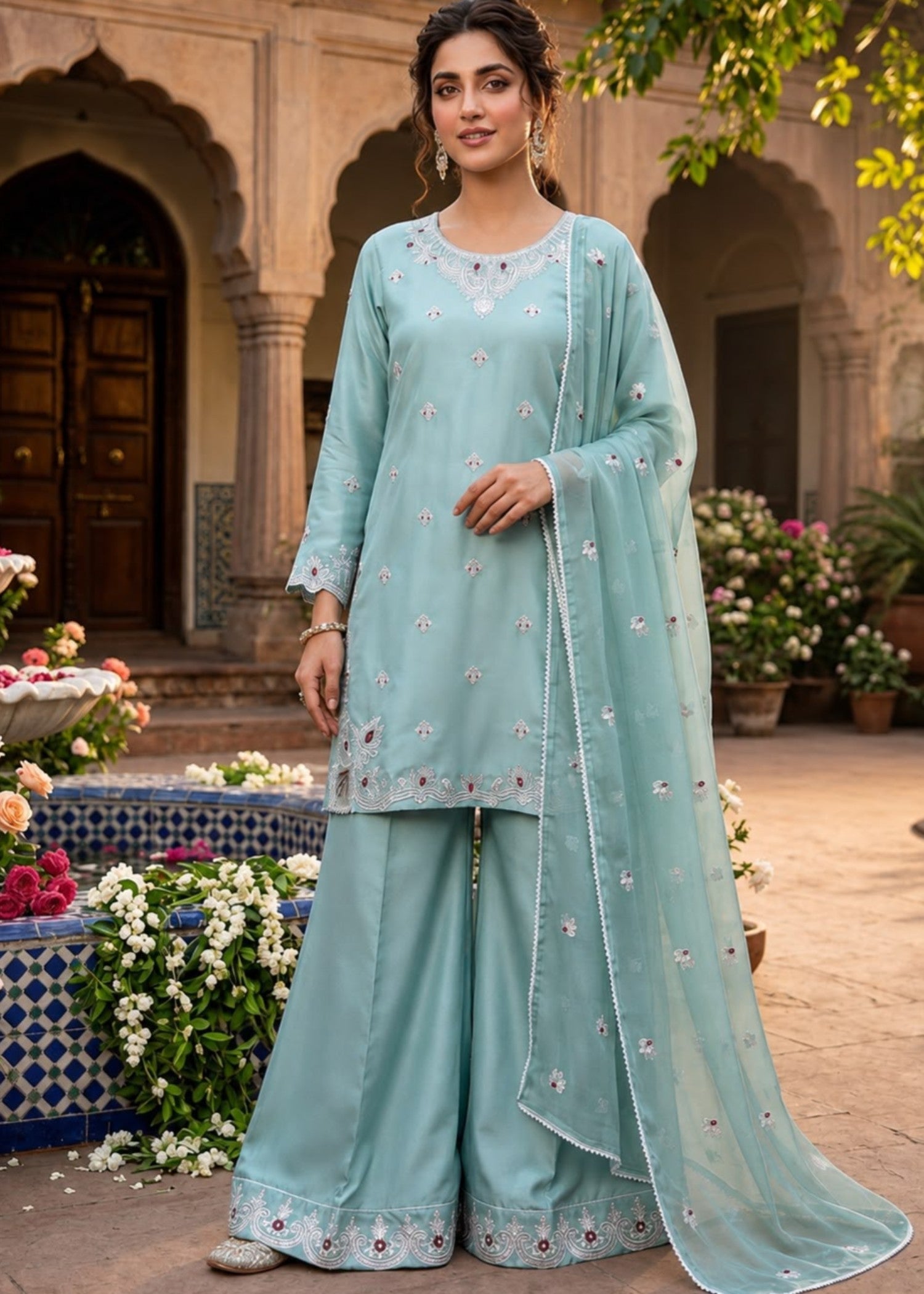 silk Sharara in Ice blue