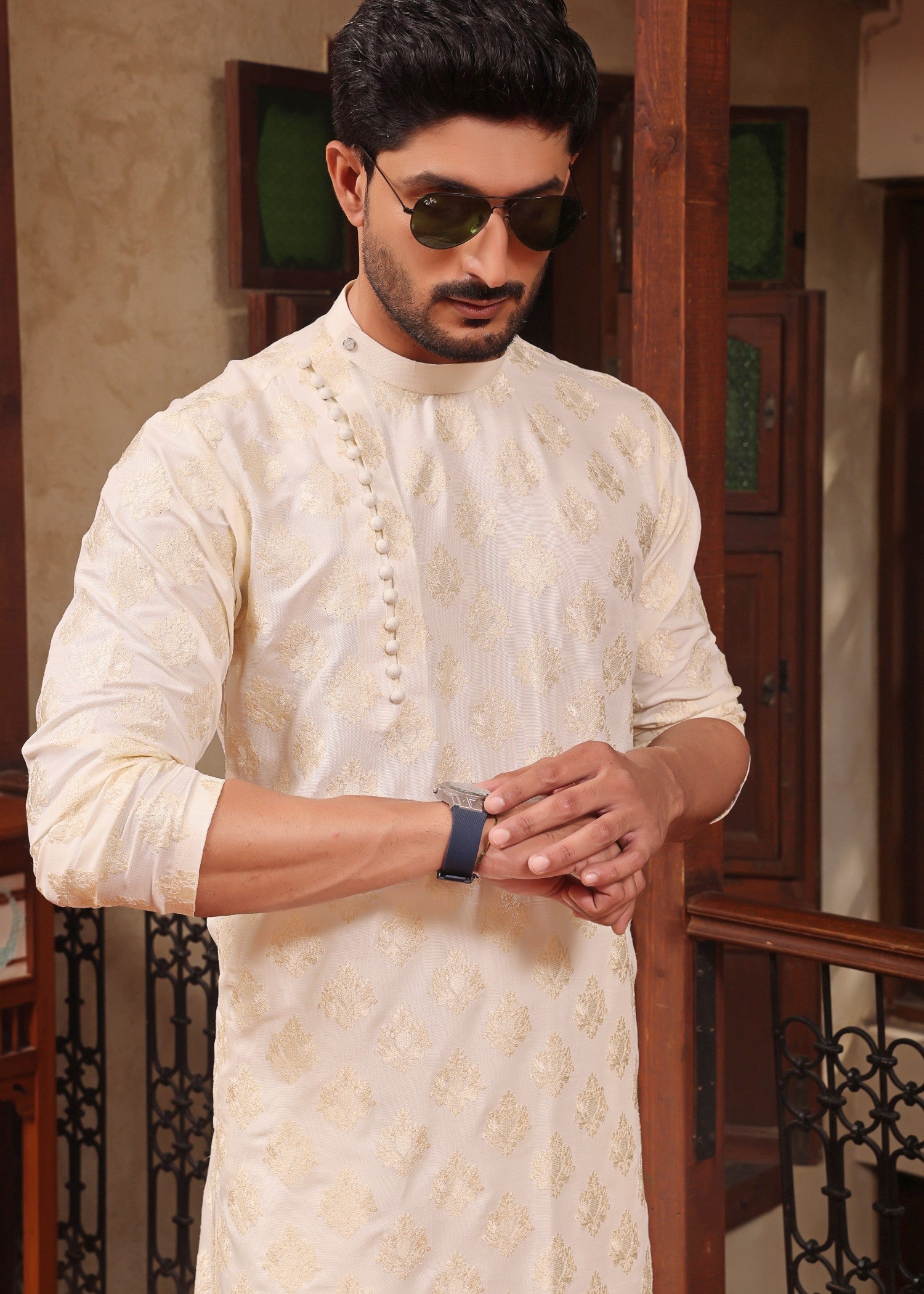cotton silk Kurta Set in Ivory