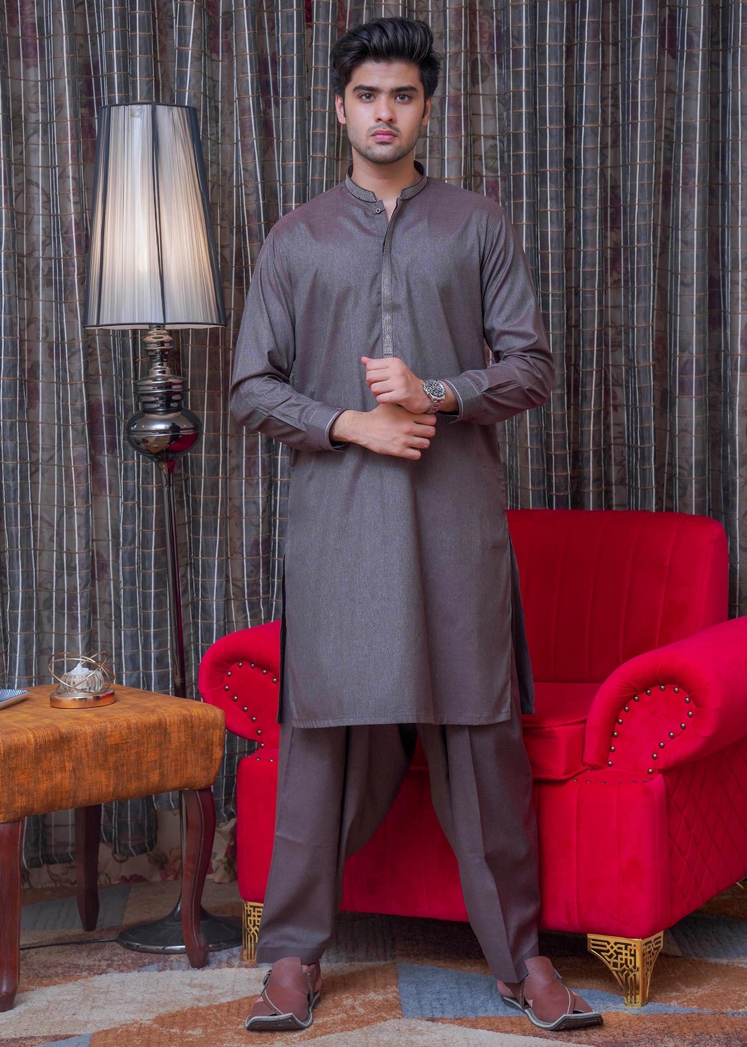 textured wash & wear Shalwar Kameez in Grey by Real Image Clothing