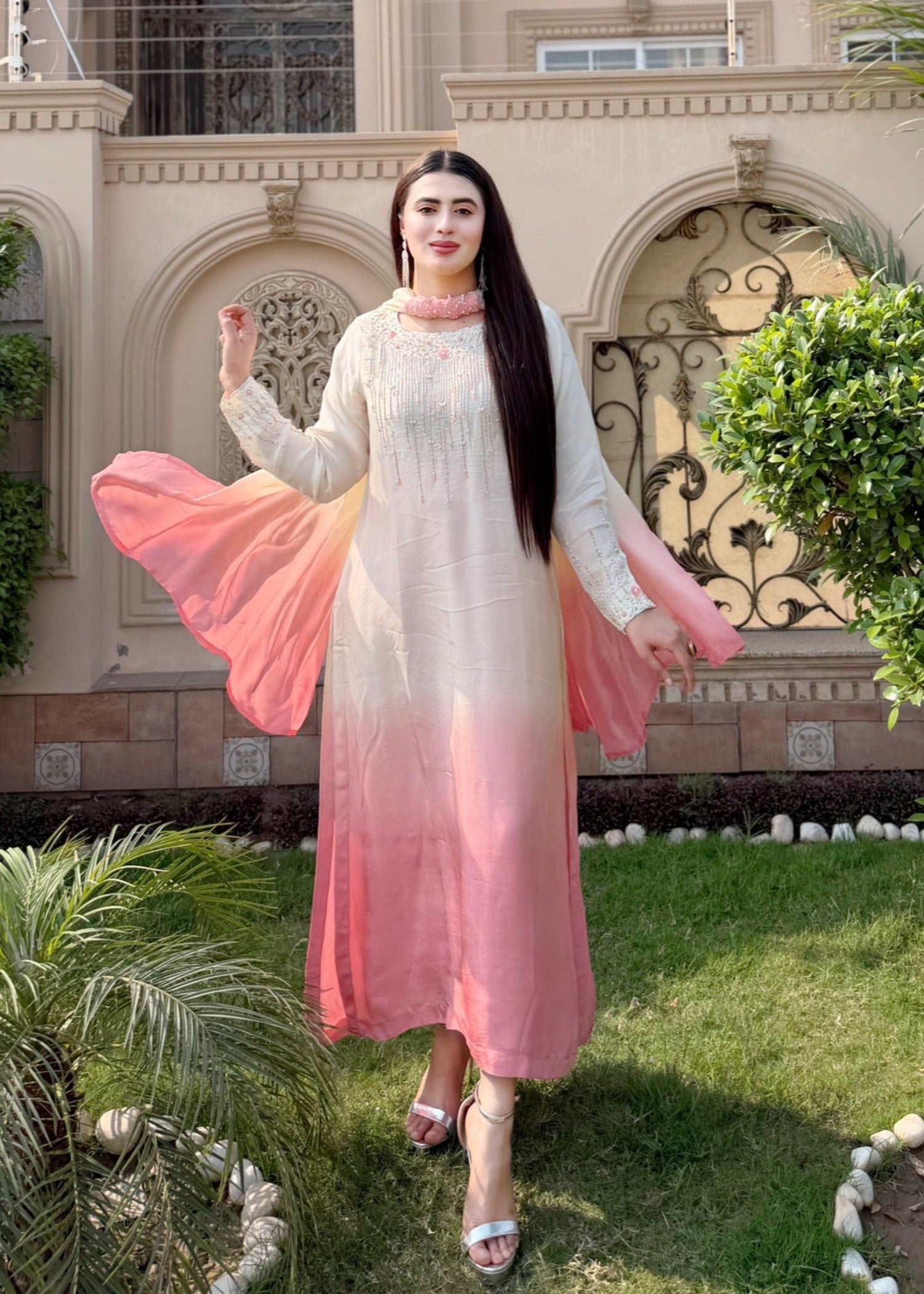 pk grip silk Kurta Set in Ivory, cherry blossom pink