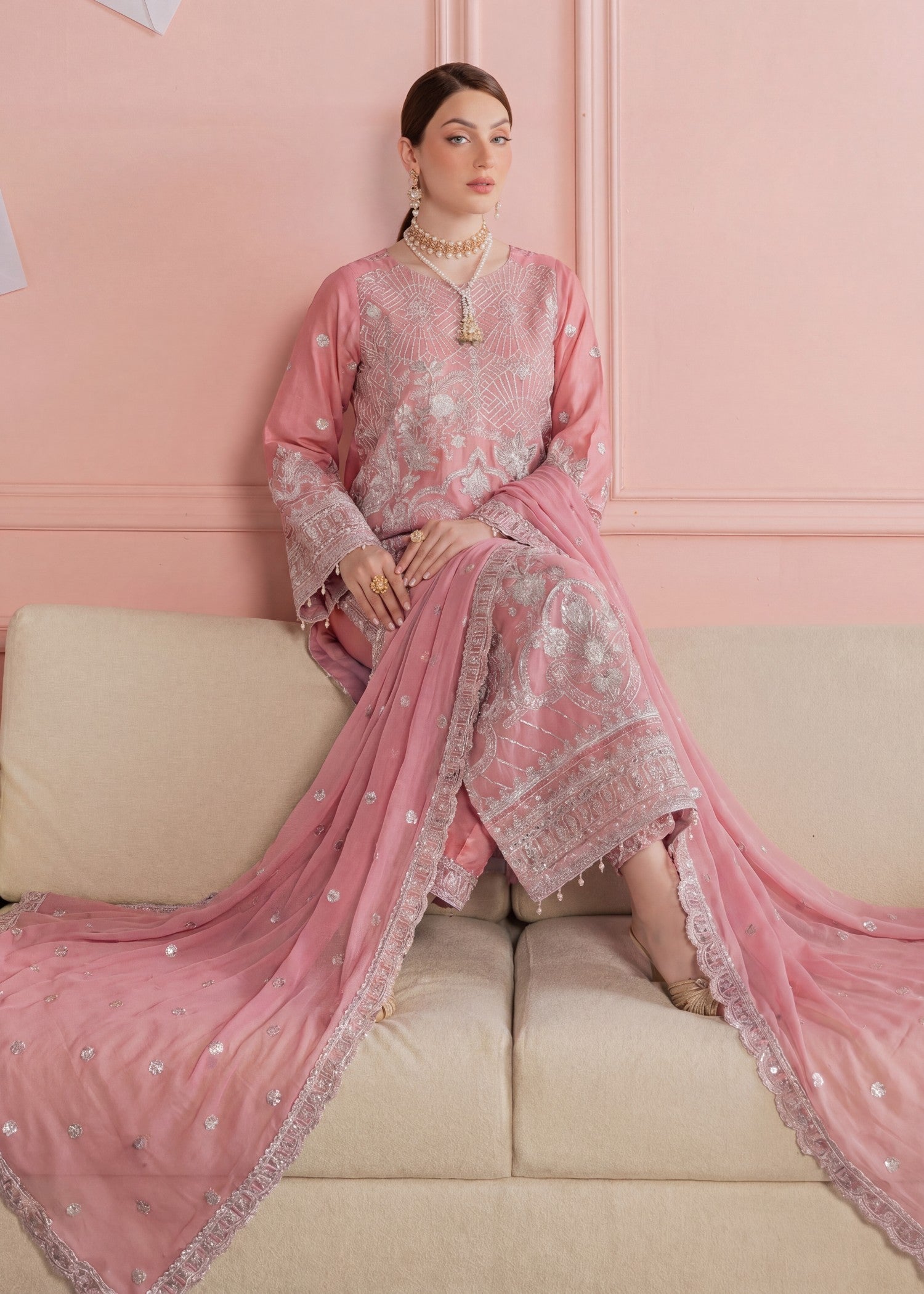 chiffon Kurta Set in Pink