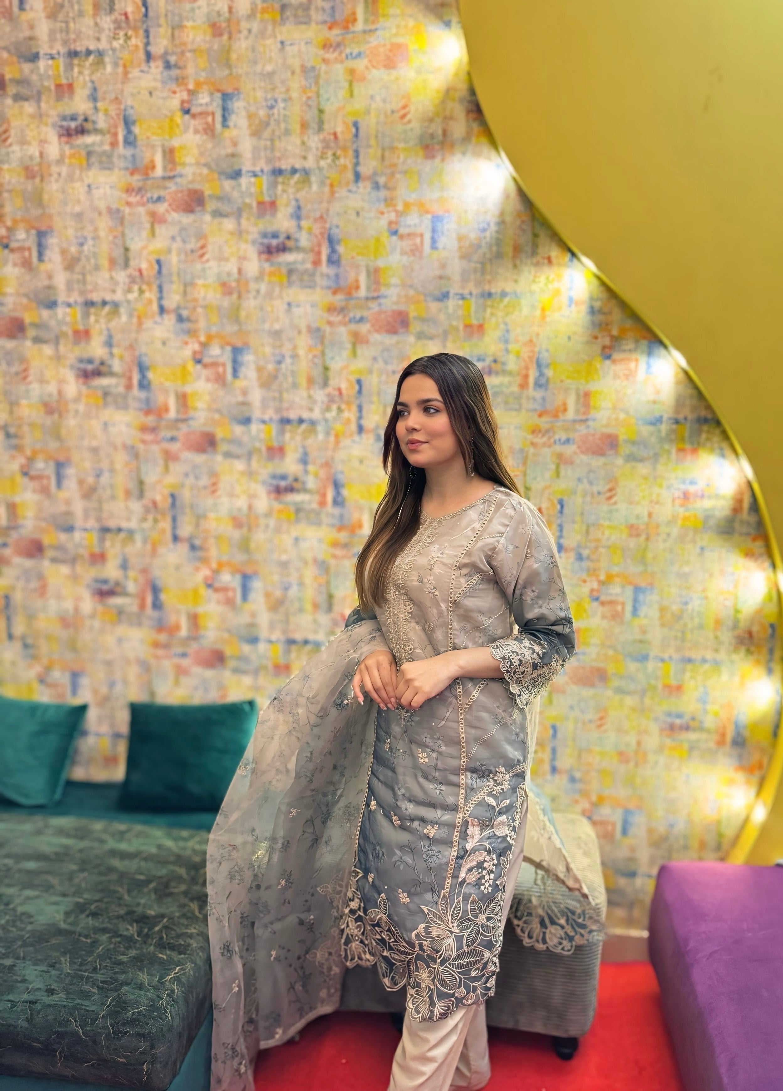 organza Kurta Set in Ash grey, grey