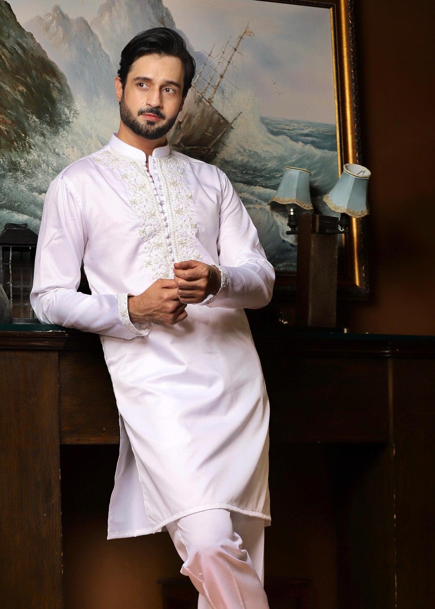 cotton satin Kurta Set in White