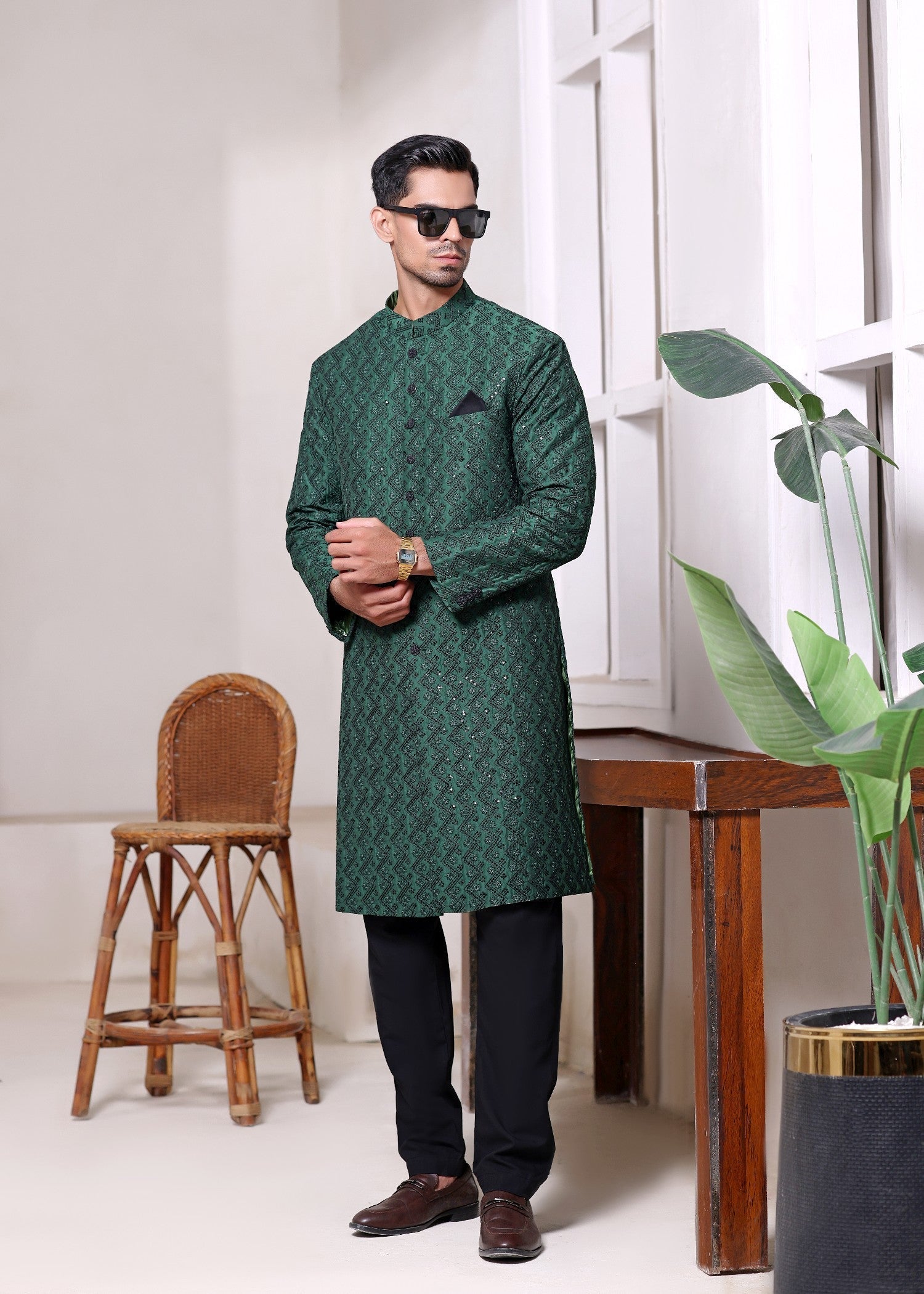 raw silk Sherwani in Green