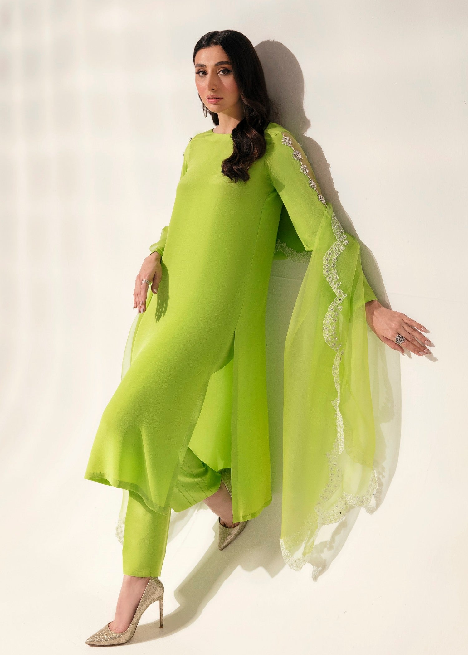 kattan silk Kurta Set in Neon green