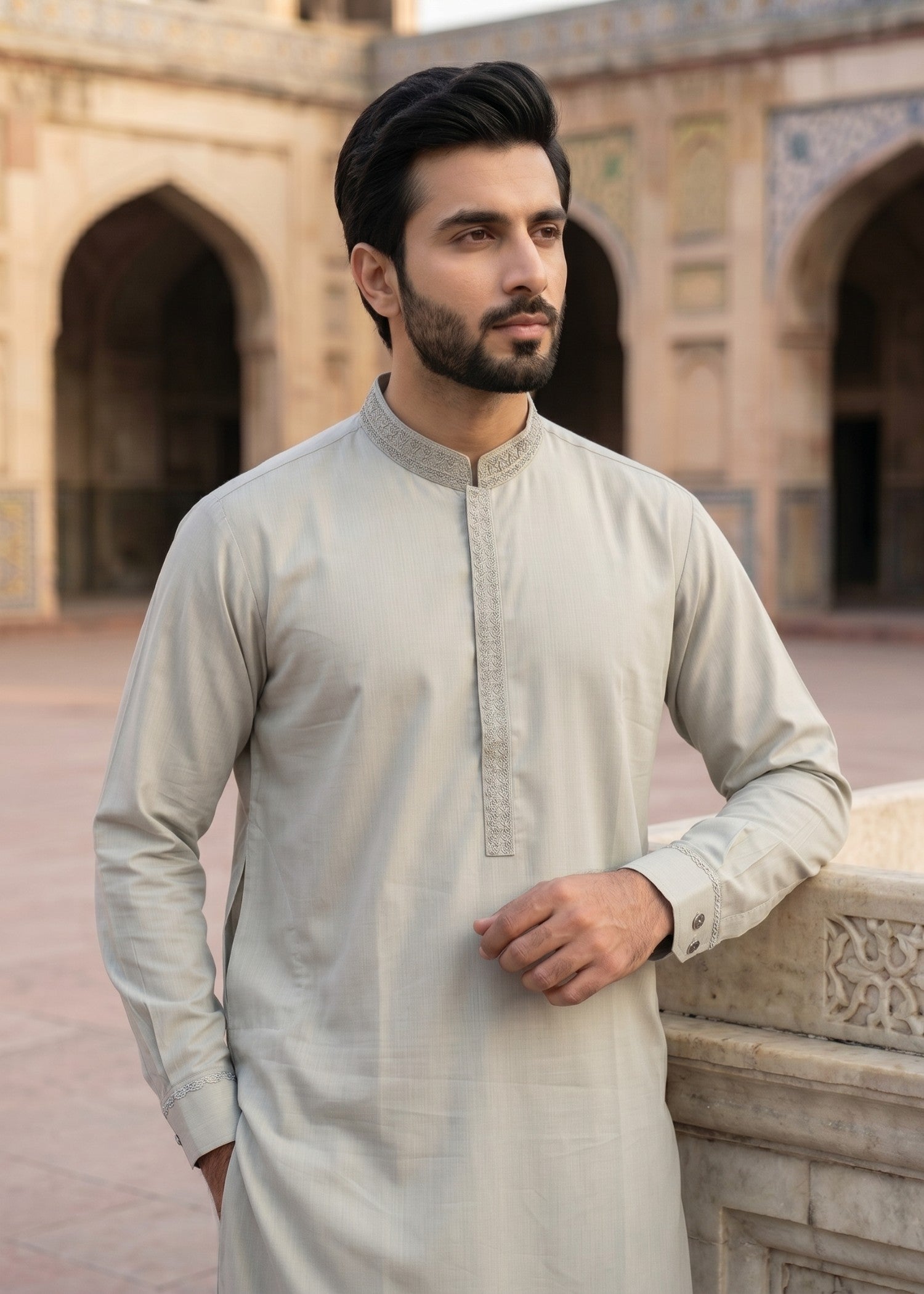 textured wash & wear Shalwar Kameez in Moss green