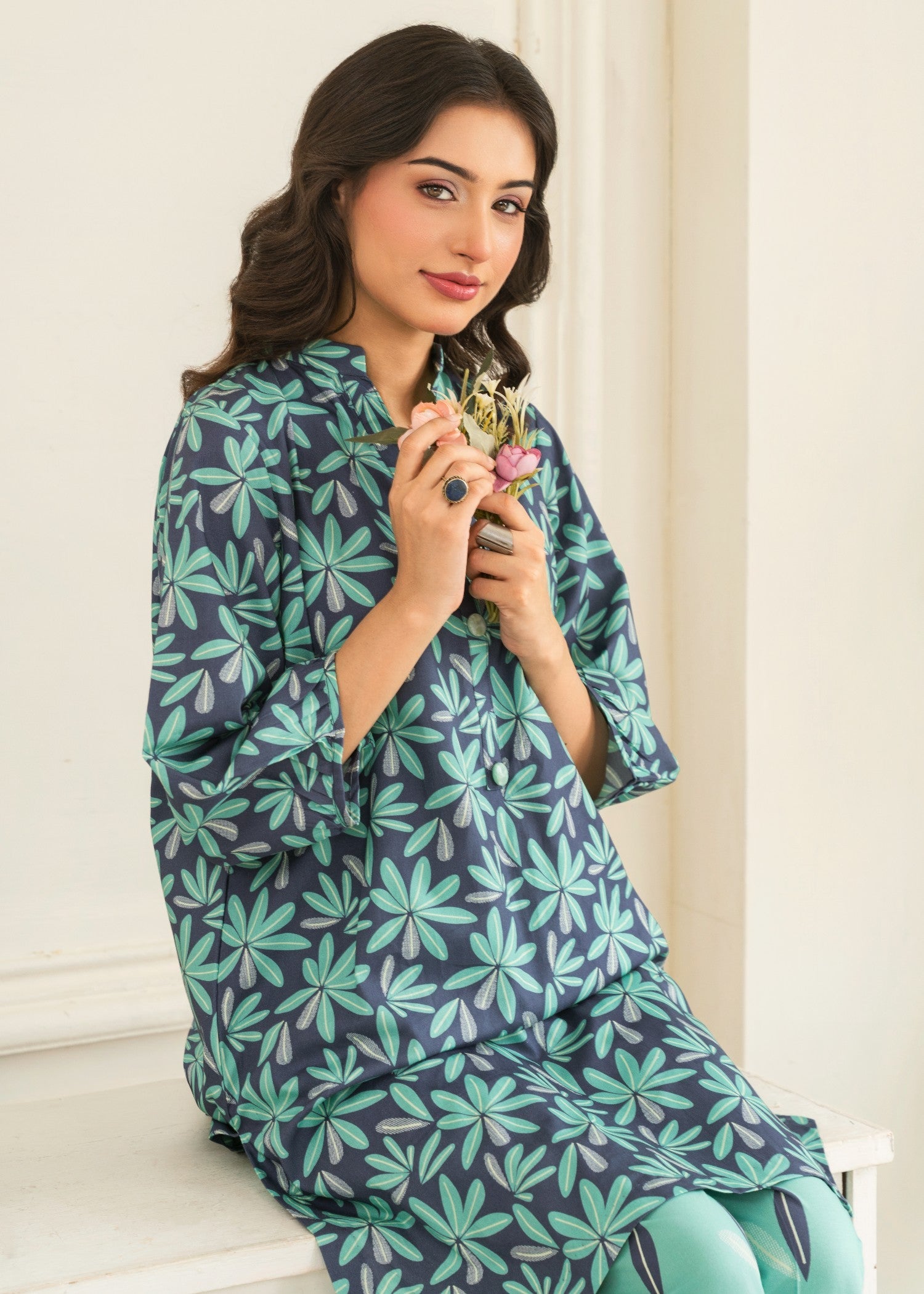 cotton Kurta Set in Turquoise, navy blue