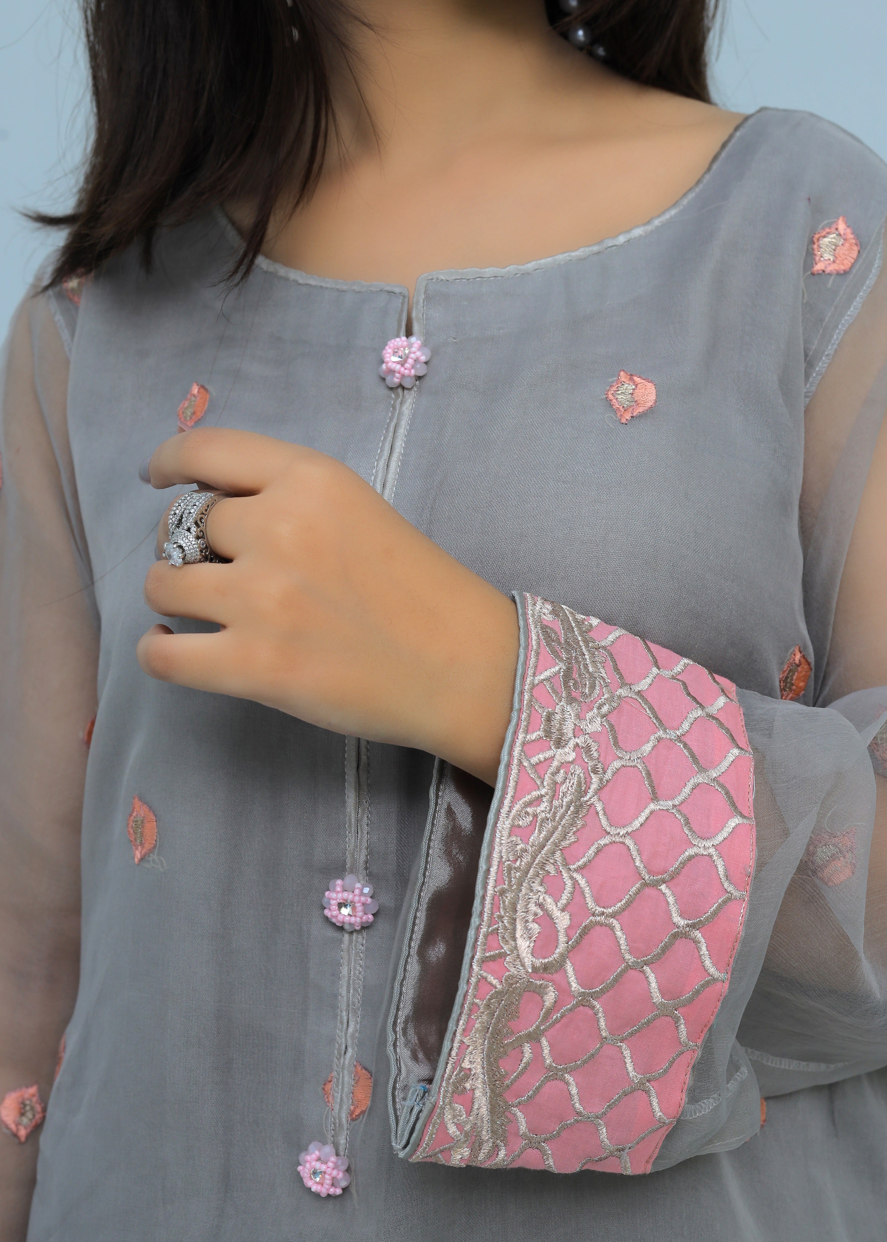 organza Kurta Set in Slate grey