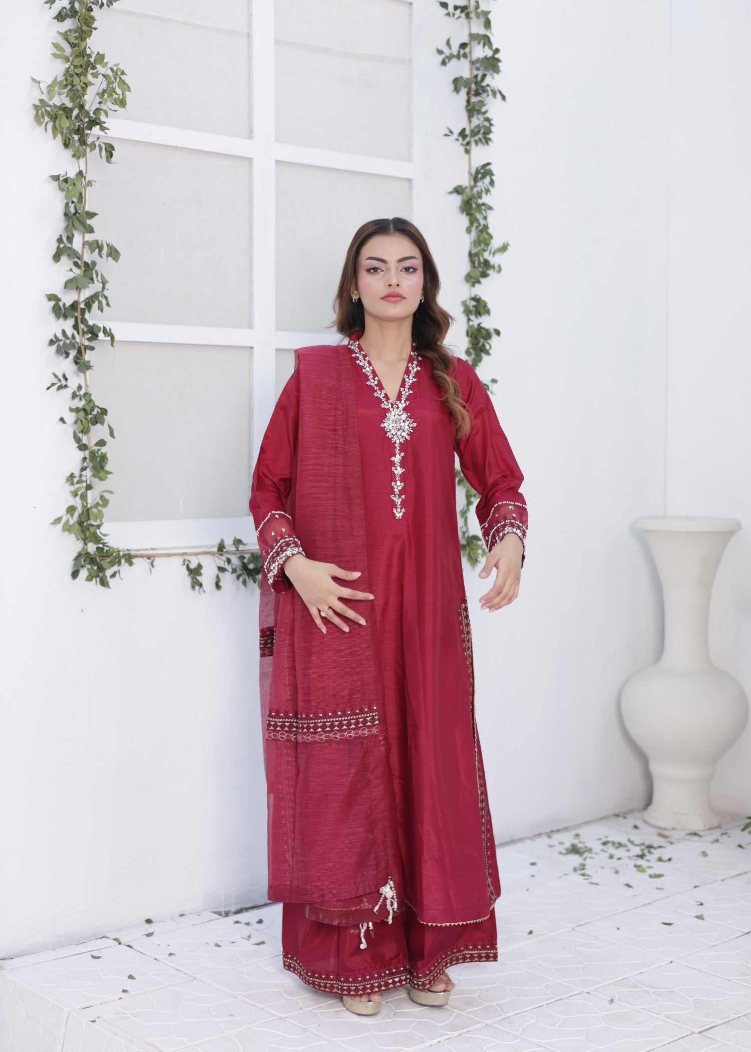 raw silk Kurta Set in Deep carmine