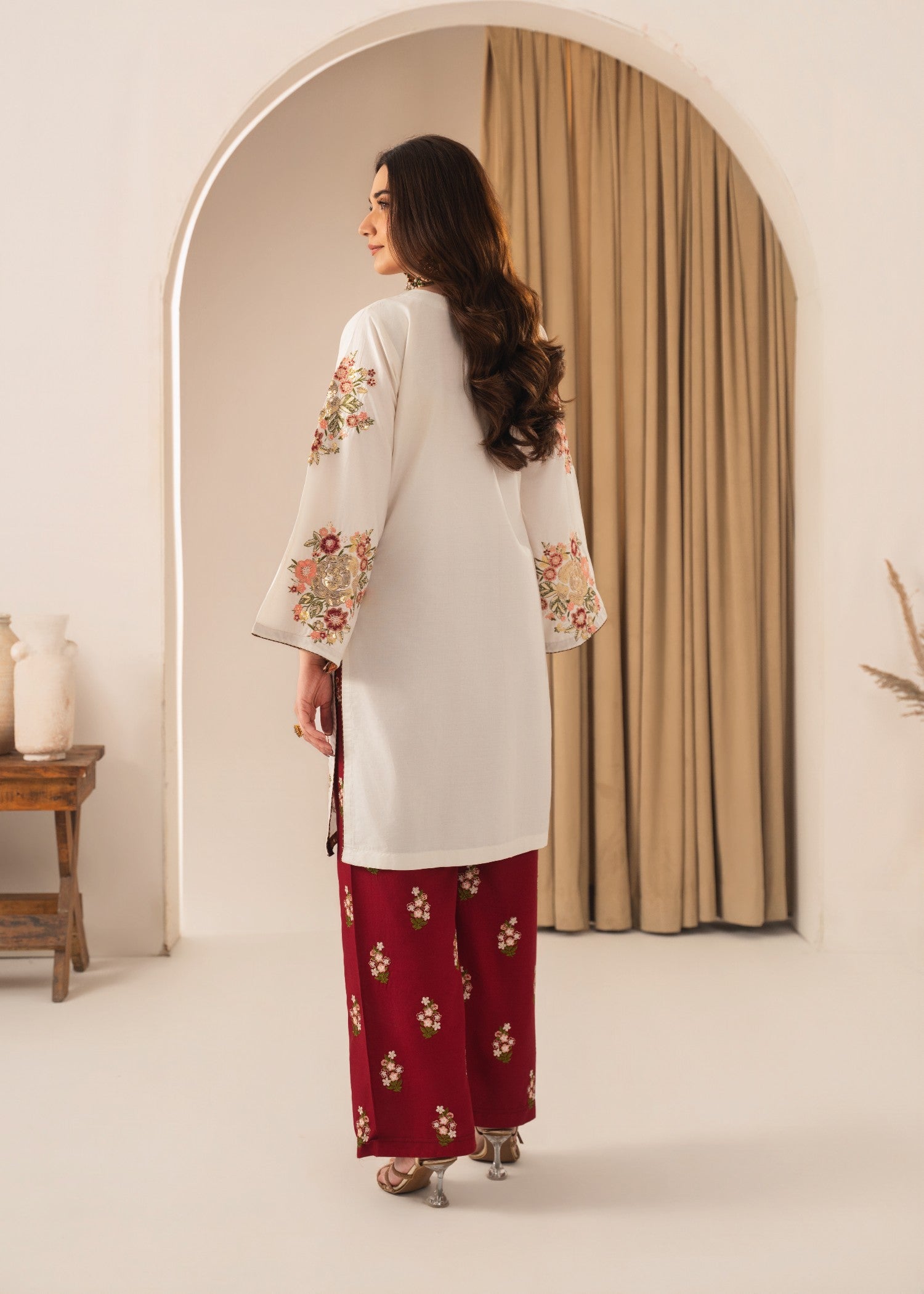 lawn Kurta Set in White, maroon