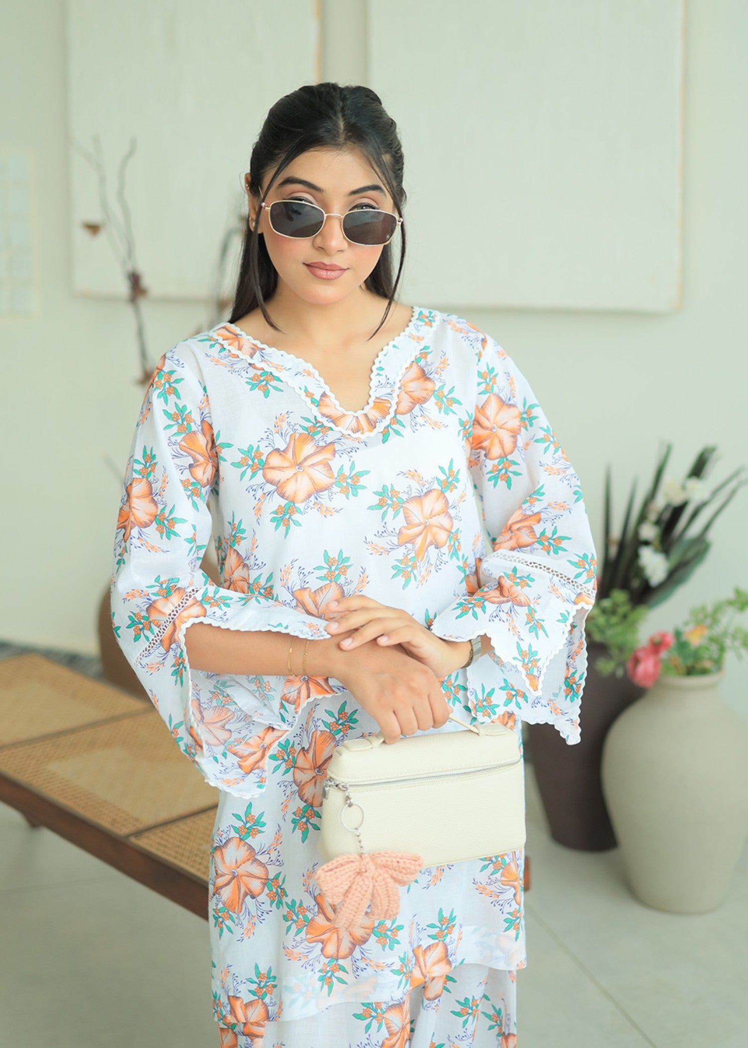 lawn Co Ord Sets in White, jade green, peach orange