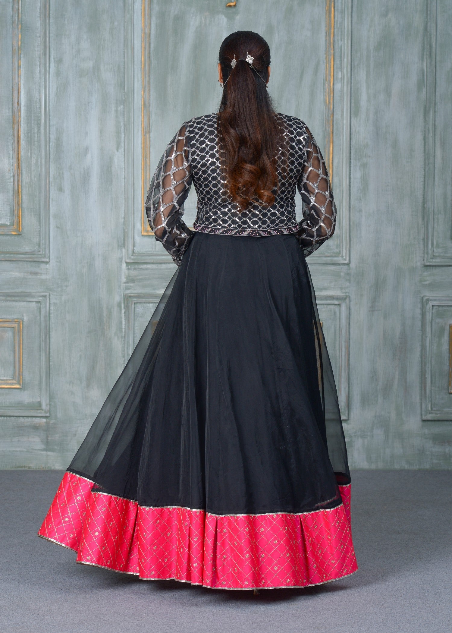 organza Lehenga in Black, hot pink red