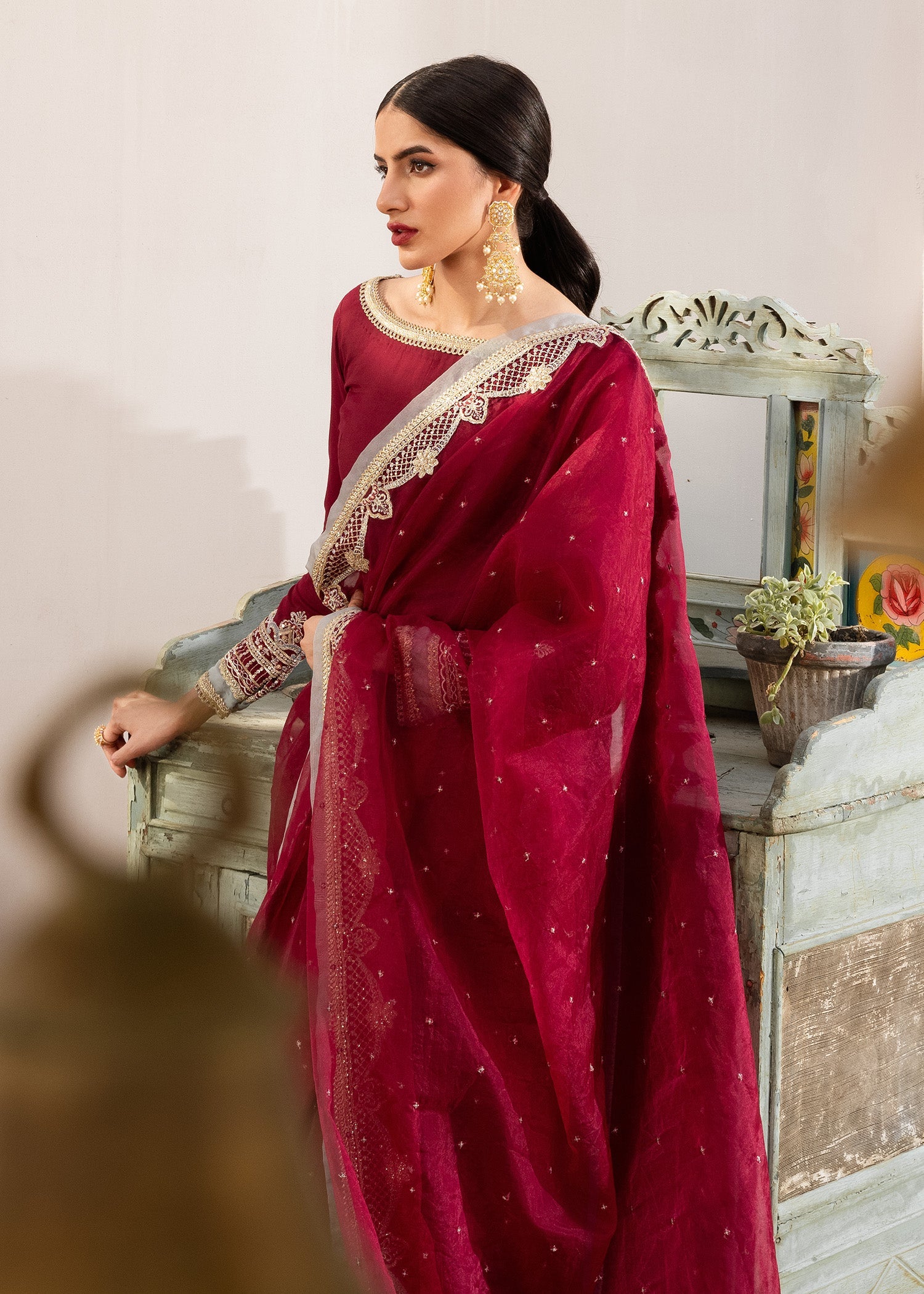 organza Saree in Maroon