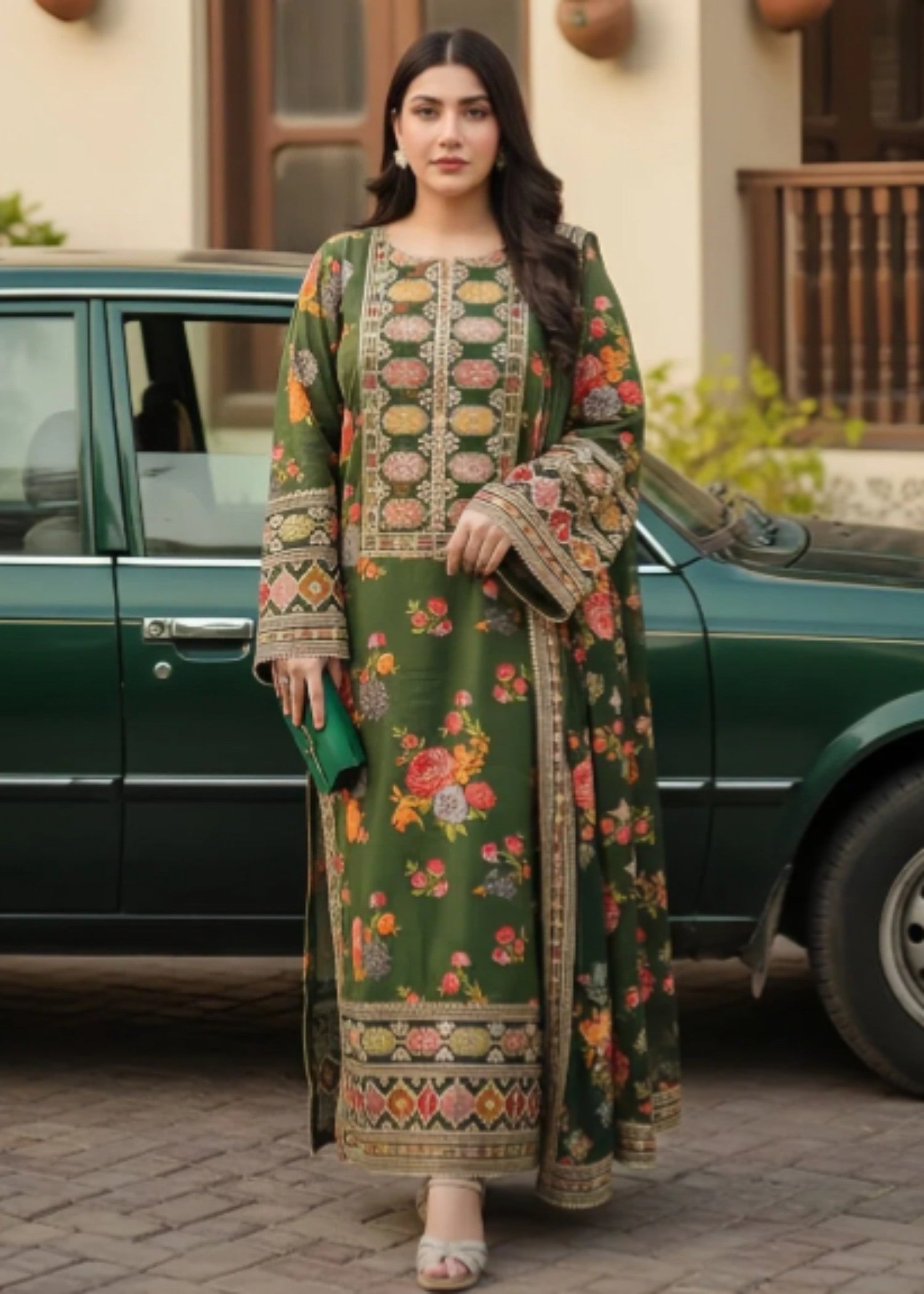 silk charmeuse Kurta Set in Forest green