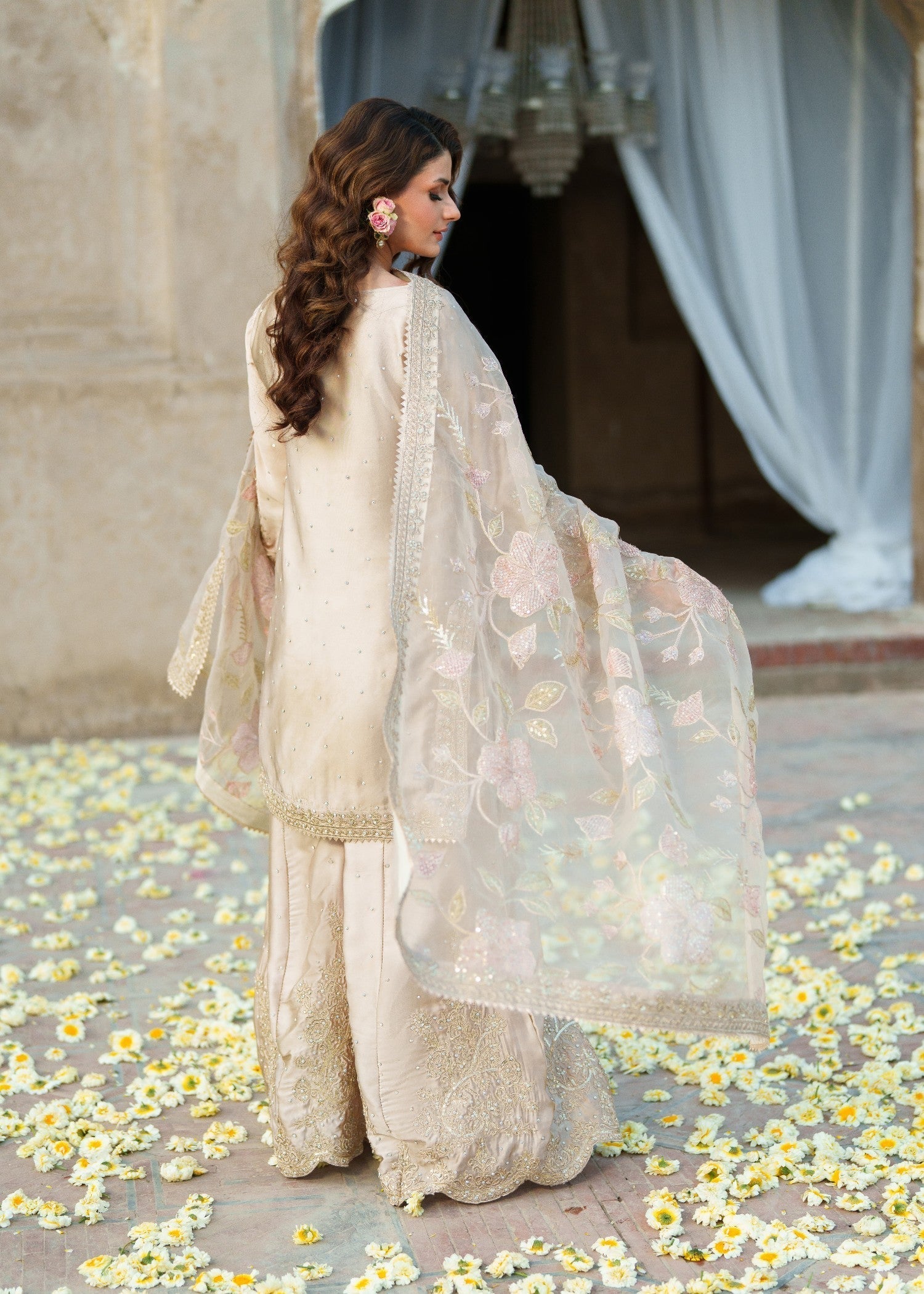 silk charmeuse Kurta Set in Beige