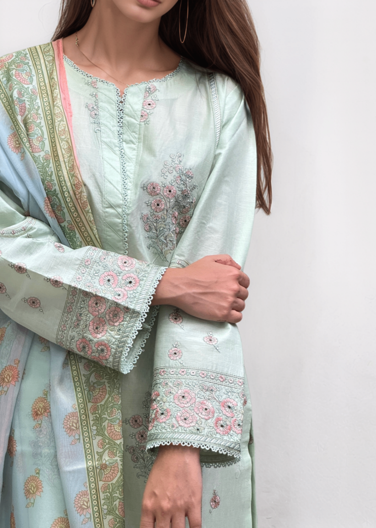 slub lawn Kurta Set in Pistachio green