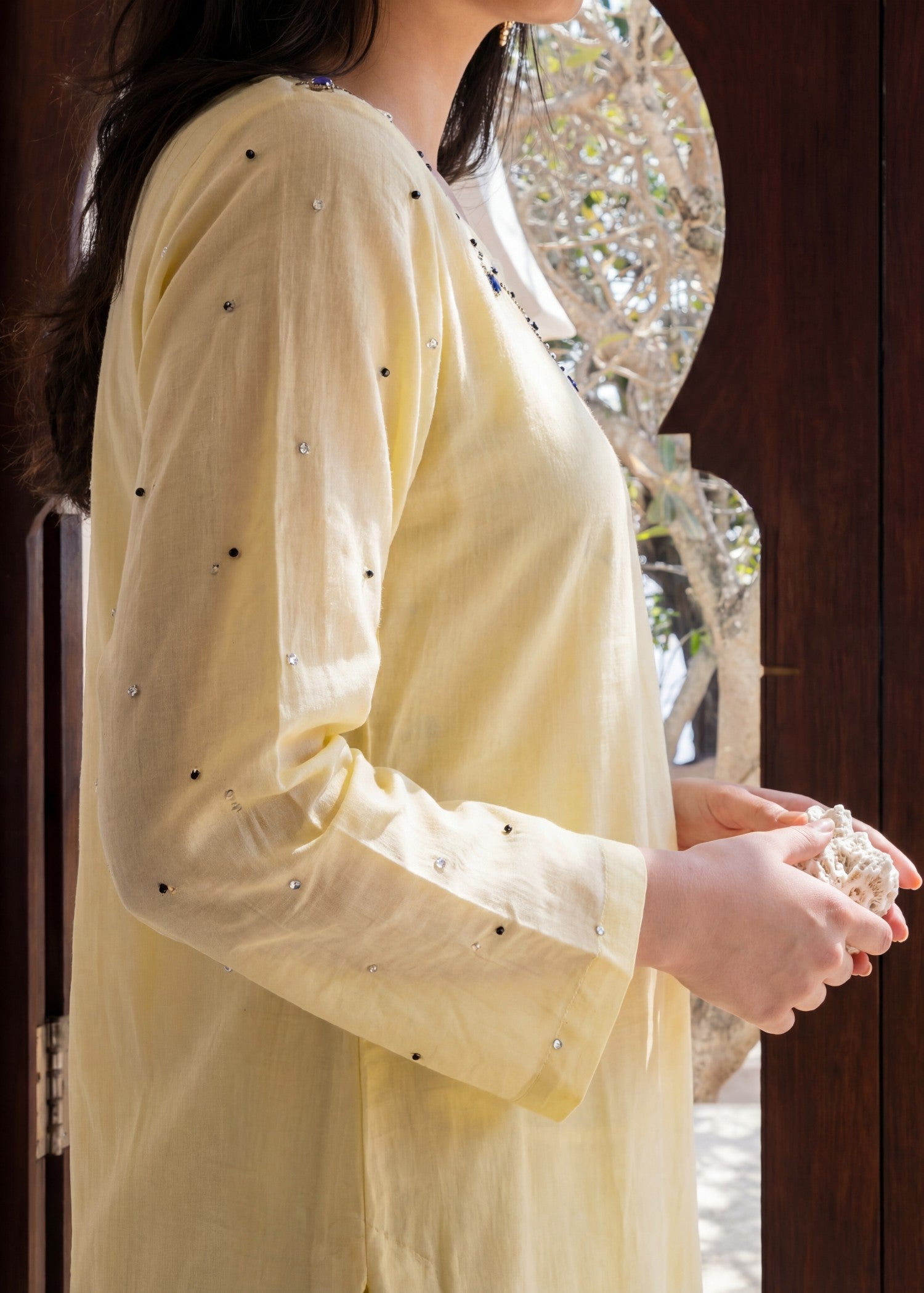 textured lawn Kurta Set in Lemon
