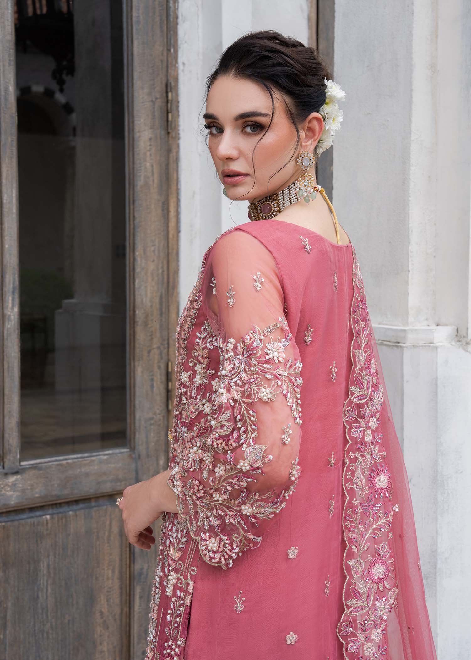 organza Kurta Set in Tea rose pink