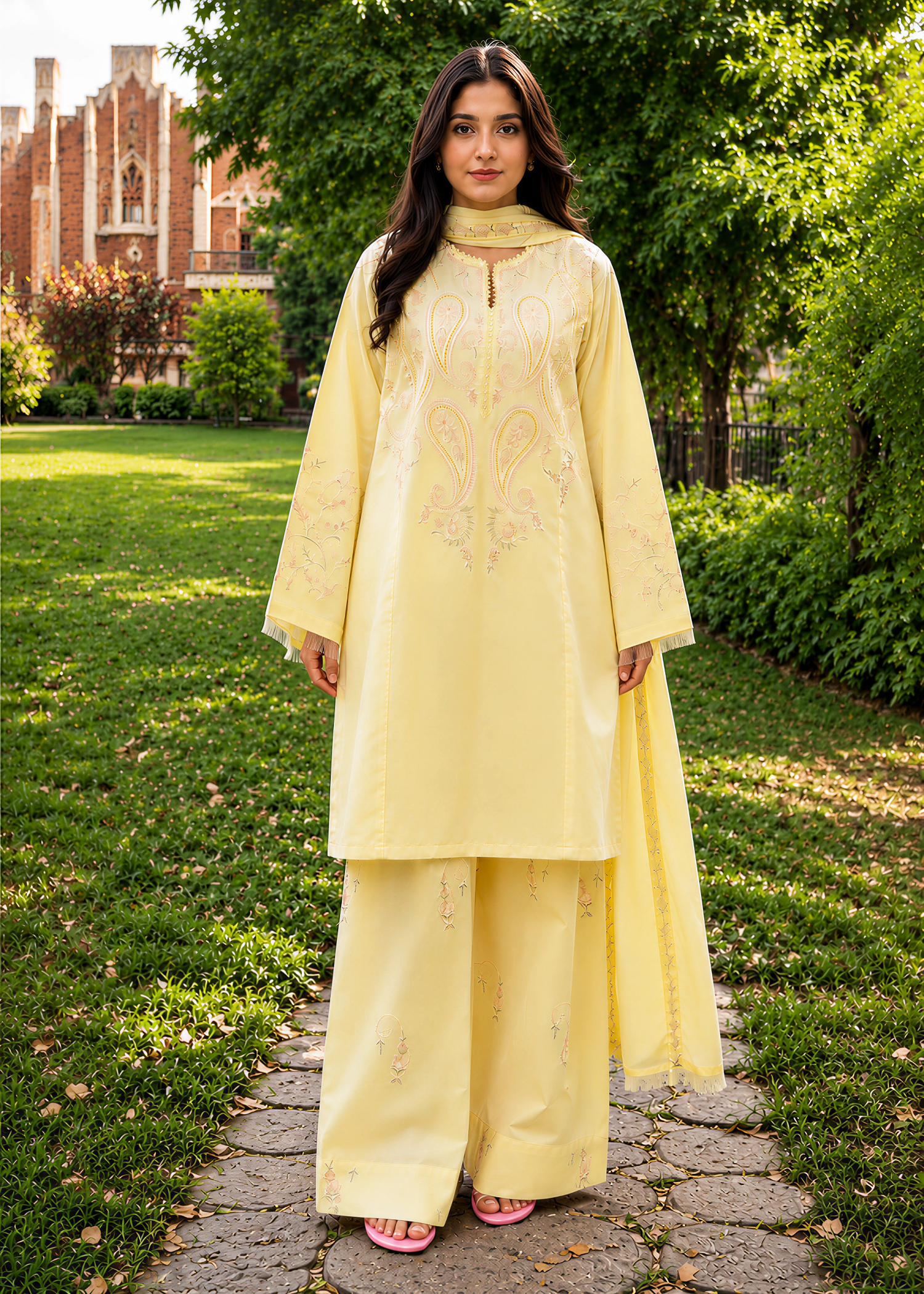 lawn Kurta Set in Light yellow