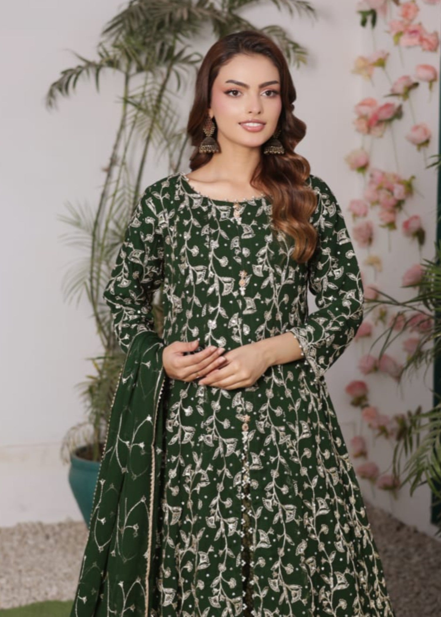 bemberg crinkle chiffon Lehenga in Bottle green