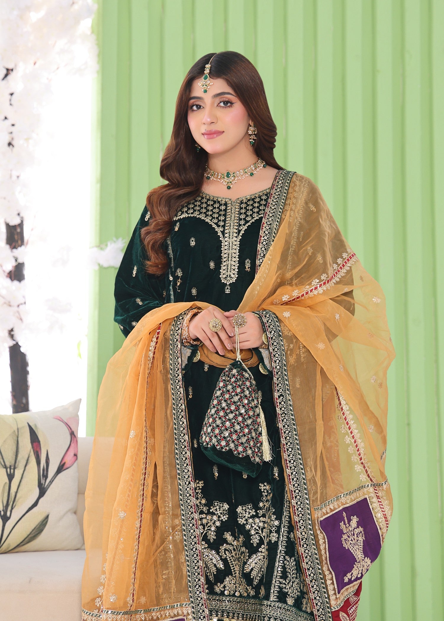 velvet Kurta Set in Bottle green
