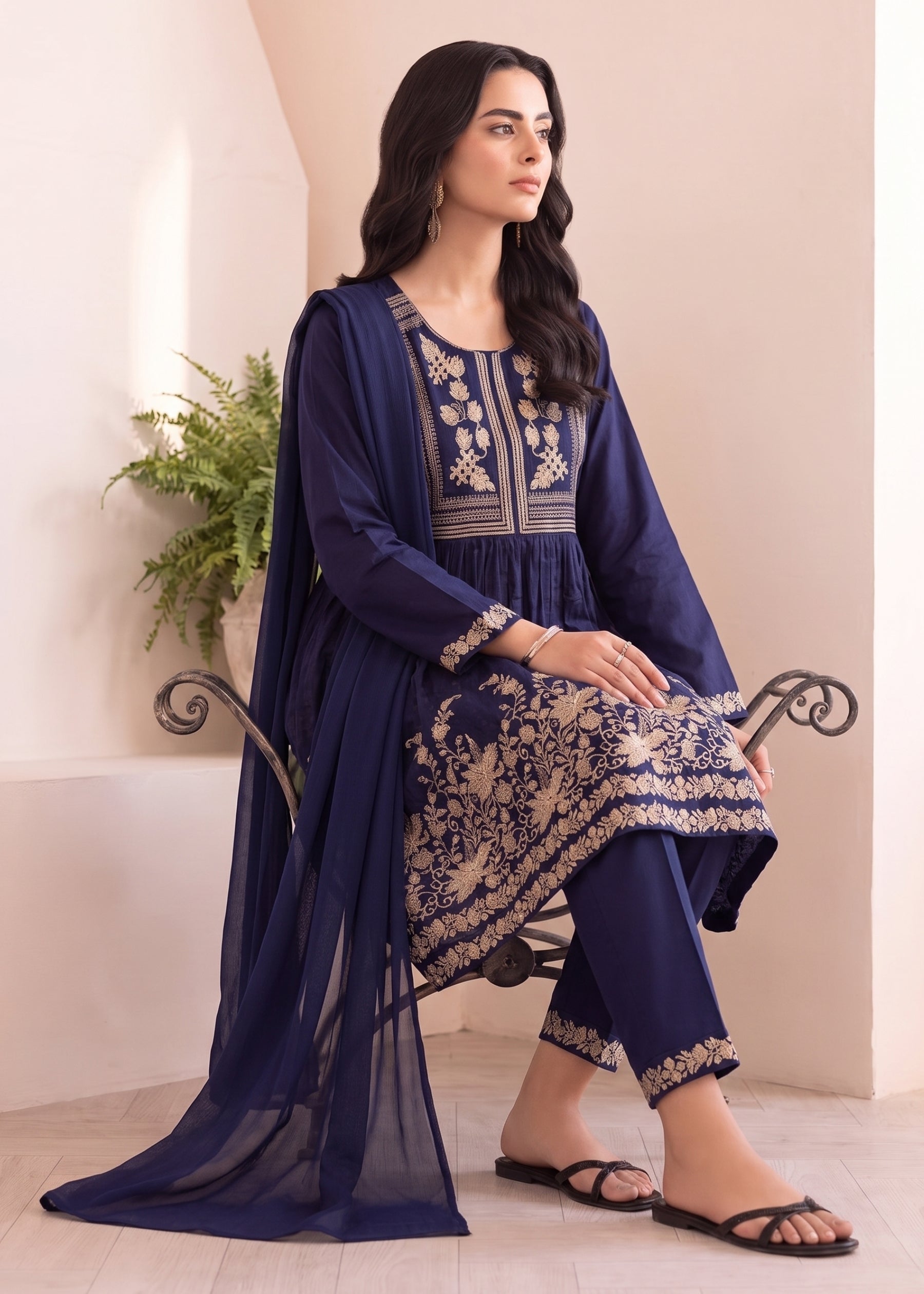 linen Short Frock in Navy blue