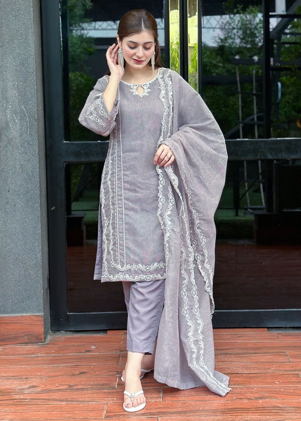 cotton karandi Kurta Set in Grey