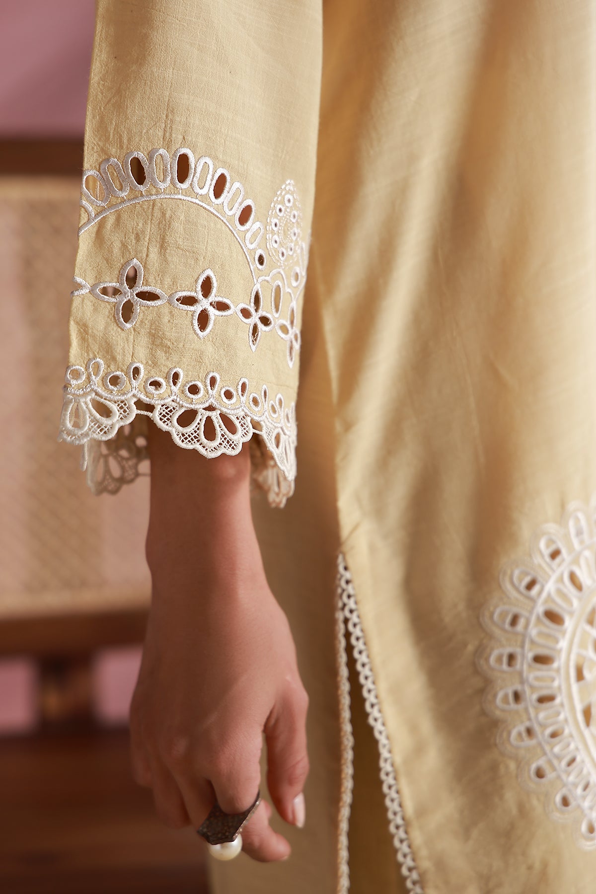 schiffli blended Kurta Set in Yellow