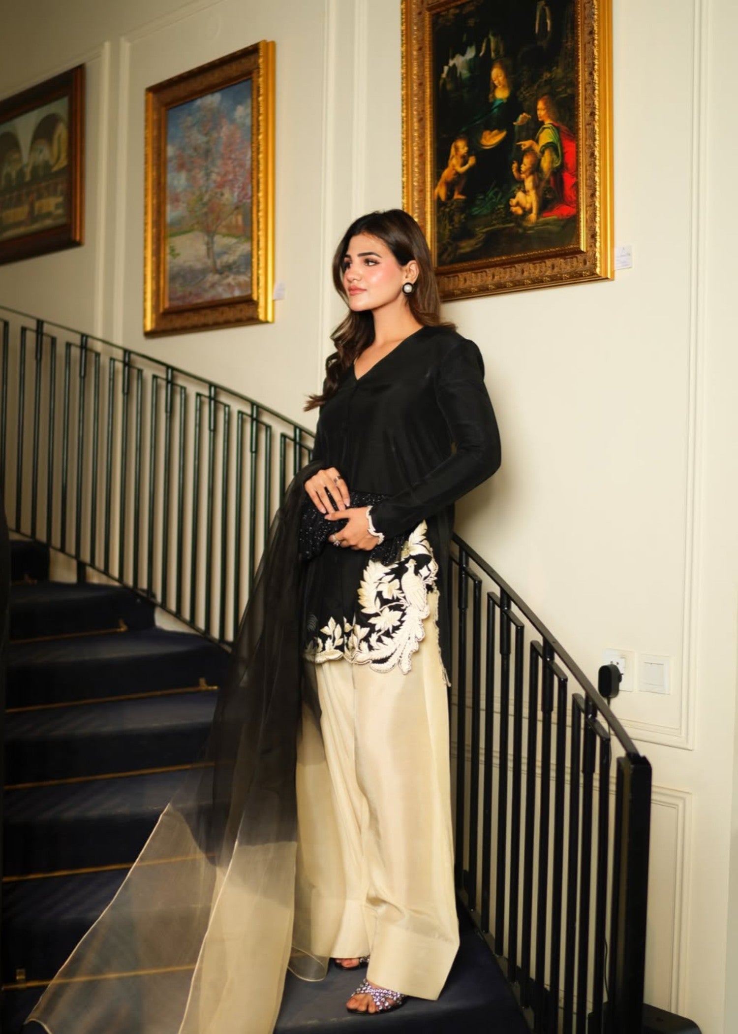 silk Kurta Set in Black, floral white