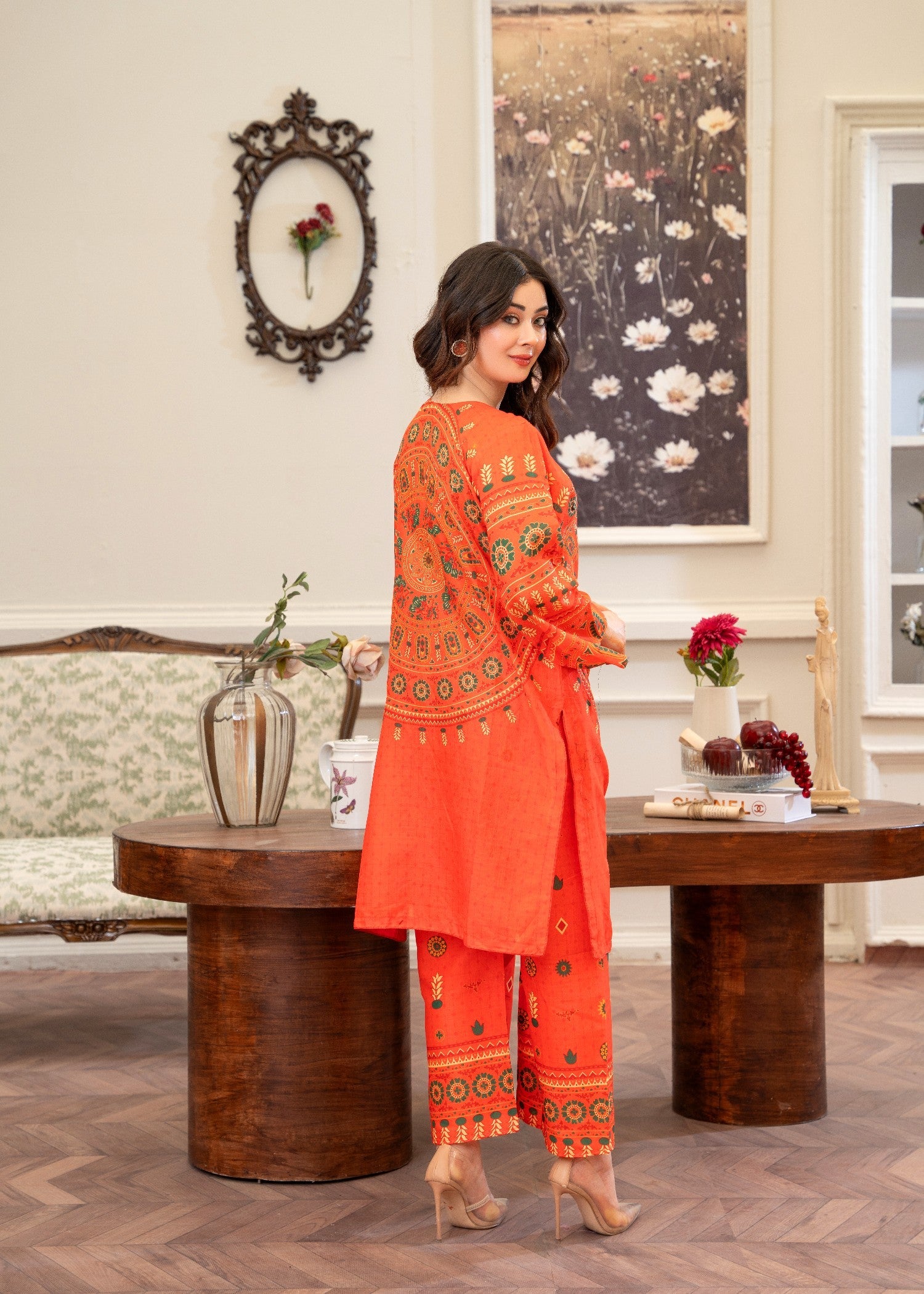 lawn cotton Kurta Set in Orange